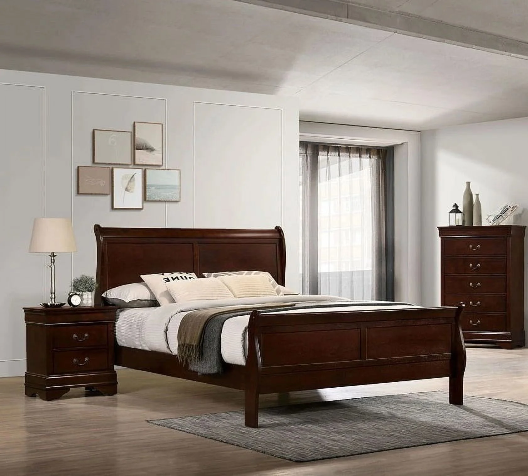 ikayaa Queen Size Bed Cherry Louis Phillipe Solidwood 1pc Bed Bedroom Sleigh Bed Bedroom Furniture