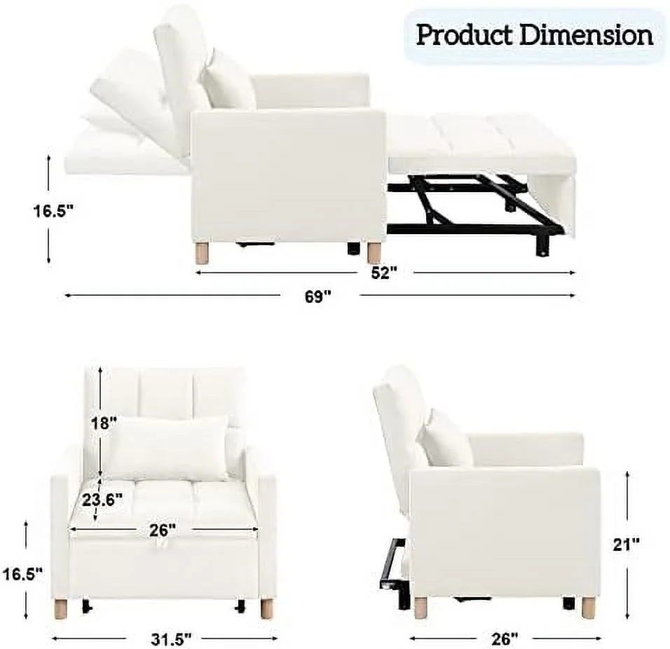TJUNBOLIFE Multi-Functional Convertible Chair Sleeper Velvet Adjustable Single Sofa Bed with Lumbar for Studio Dorm Apartment Bedroom Office Living Room
