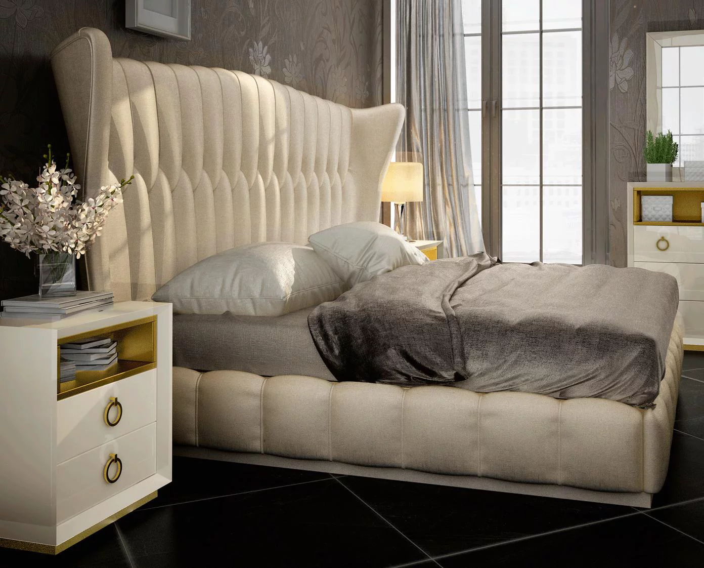 Sand Eco Leather Tufted King Bedroom Set 3Pcs Made in Spain ESF Velvet