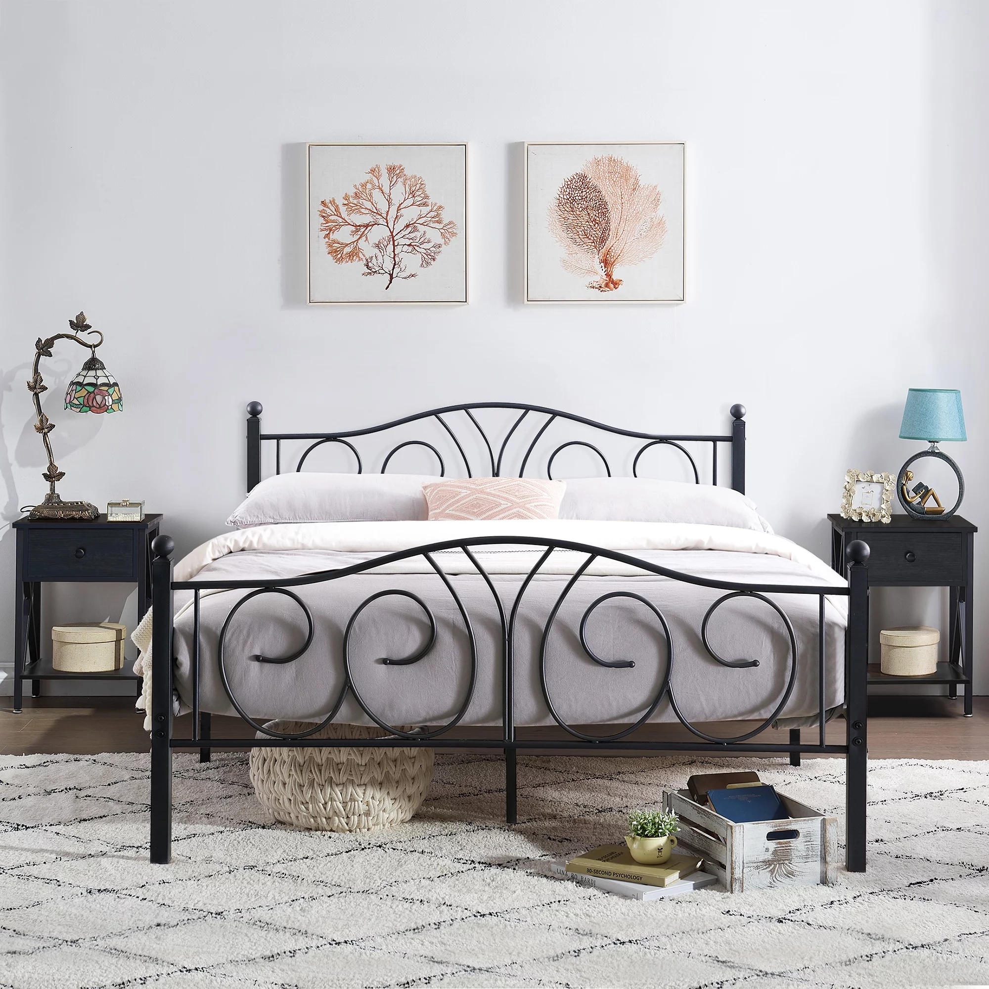 3-Piece Bedroom Sets, Queen Size Metal Bed Frame and 2 Black Nightstands