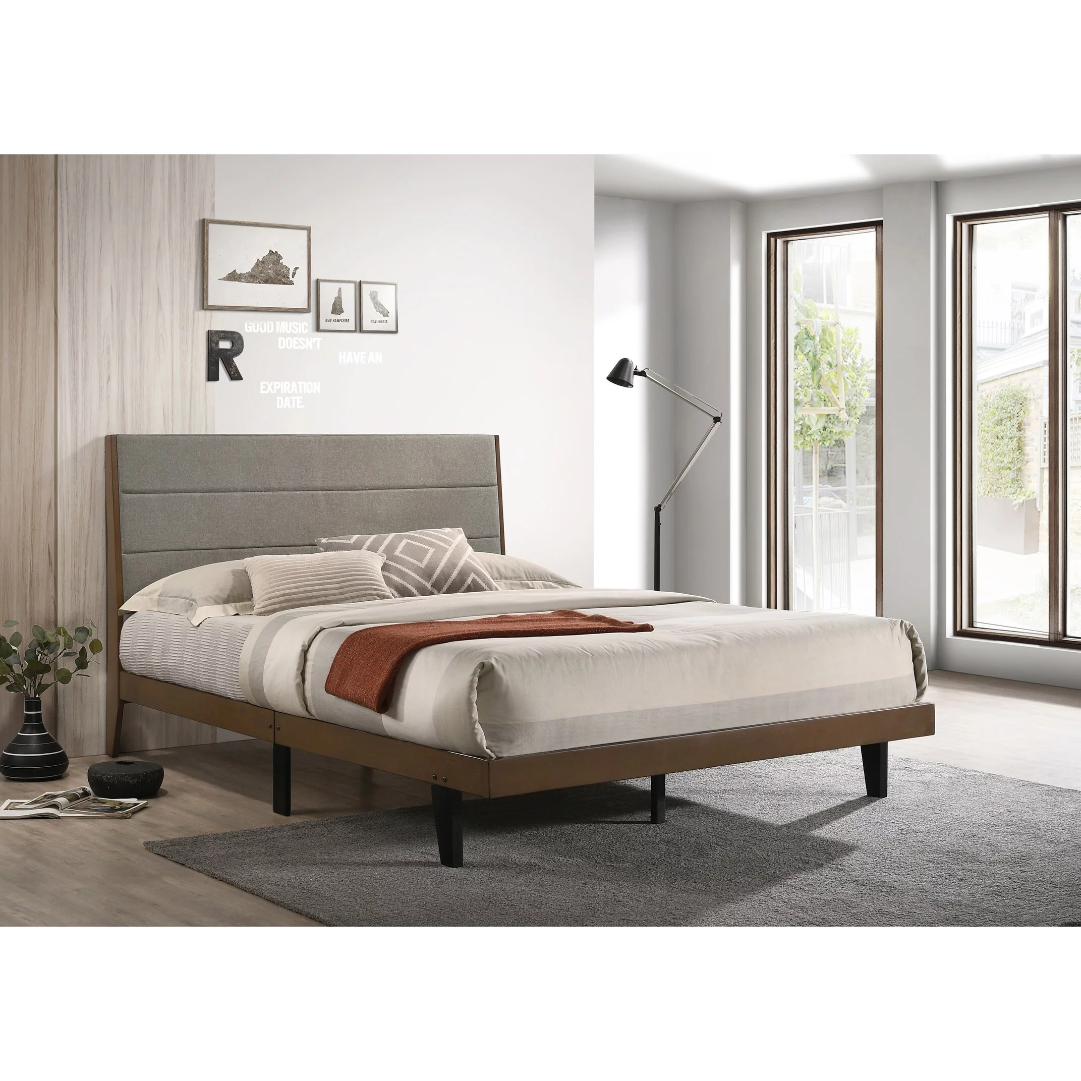 Christo Walnut Brown and Grey Channel Tufted Headboard Platform Bed King