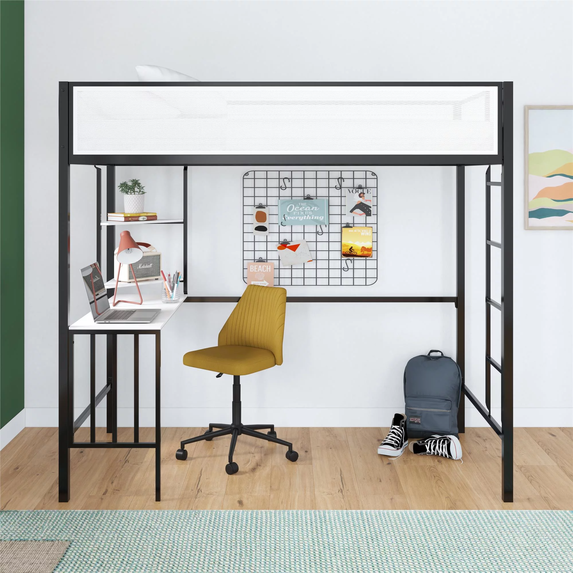 Novogratz Axel Metal Loft Bed with Desk and Shelves, Twin