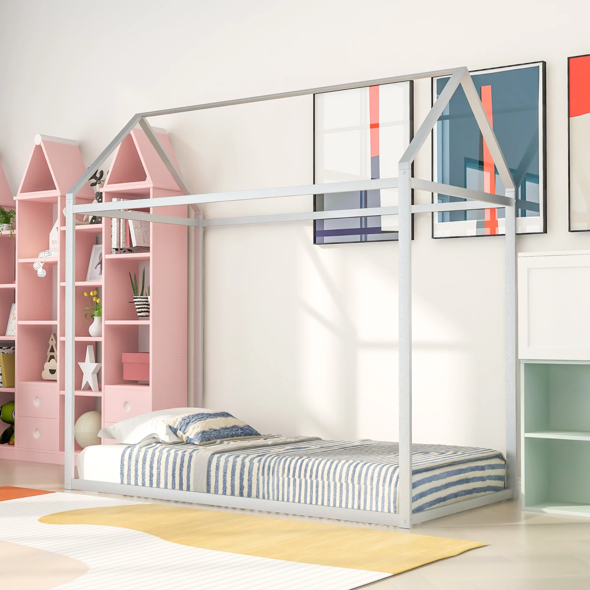 KAMIDA House Platform Bed Frame, Twin Size Metal House Bed for Kids, Floor Bed Metal Bed Frame with House Roof Frame for Kid's Bedroom, Silver