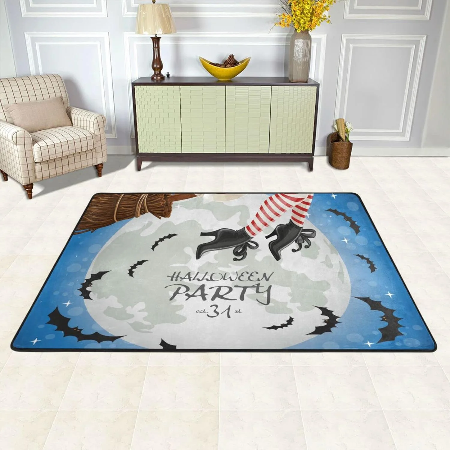 SKYSONIC 72×48in Halloween Witch Feet Area Rug, Bat Full Moon Non-Slip Floor Carpet Comfort Floor Mats Decor for Indoor Living Dining Room and Bedroom Area
