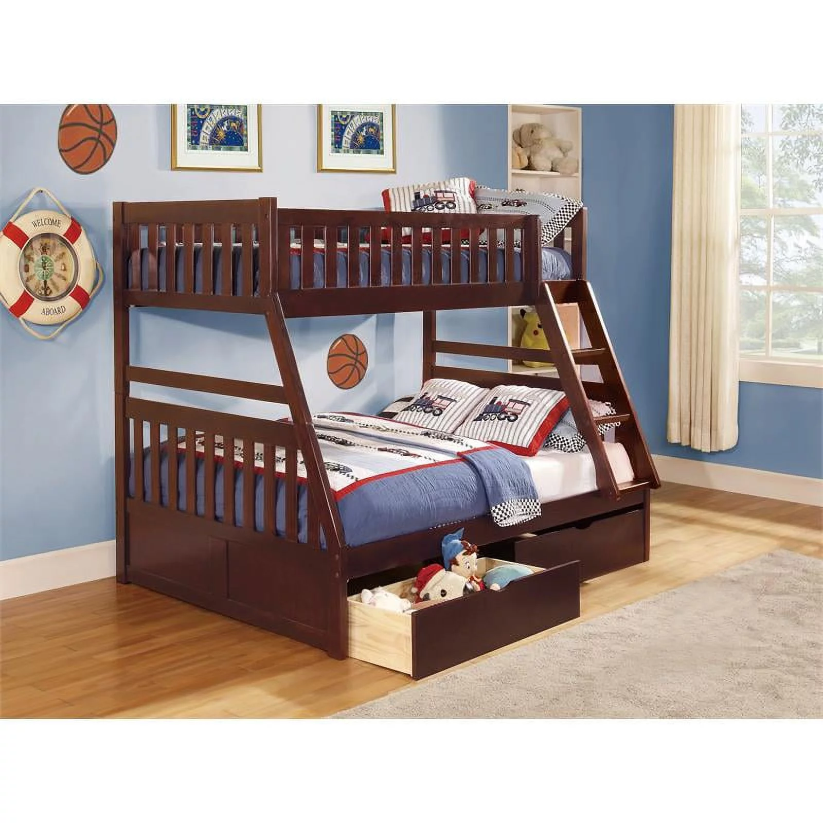 Pemberly Row Wood Twin over Full Bunk Bed with Storage Boxes in Dark Cherry