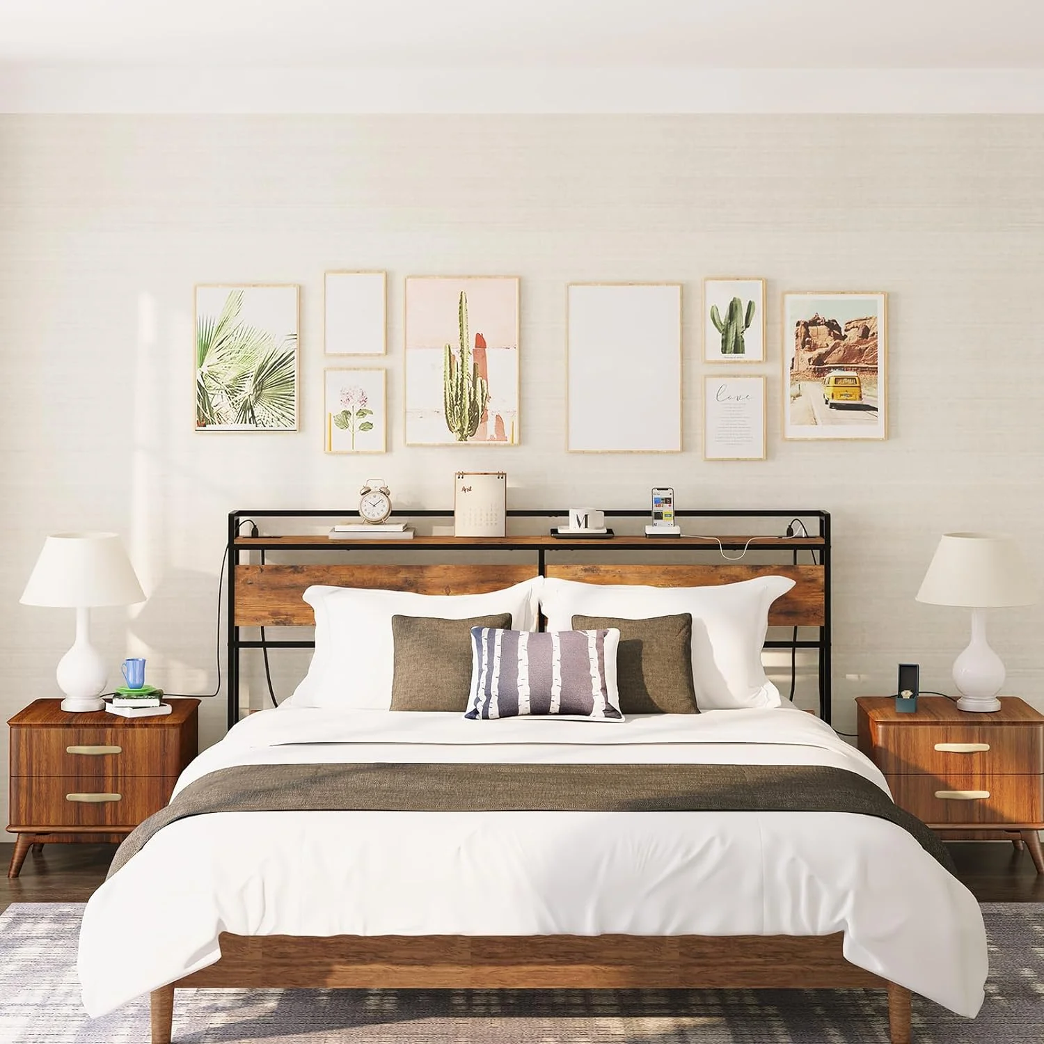 HOOBRO King Size Headboard with 2 Outlets and 4 USB Ports Adjustable Height Storage Rack Rustic Brown and Black BF98UBH01