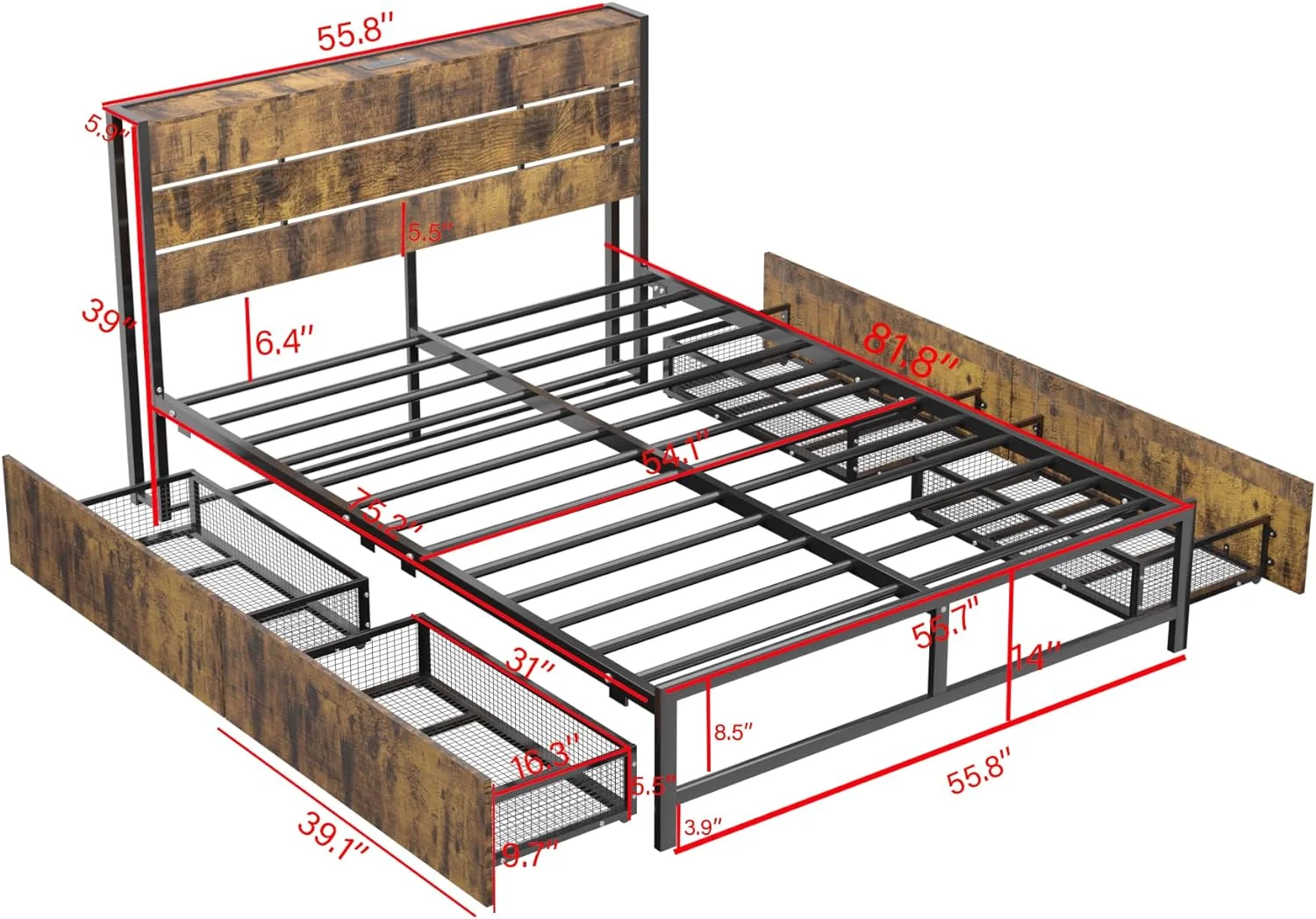 Metal And Wood Full Size Platform Bed Frame With Headboard And Footboard, Metal Bed With Sockets And USB Ports