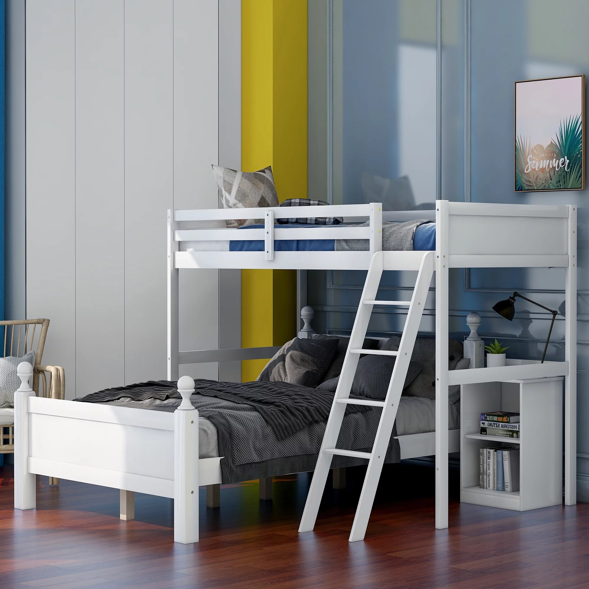 ikayaa Twin over Full Loft Bed with Cabinet, White(Expected Arrival Time:4.5)
