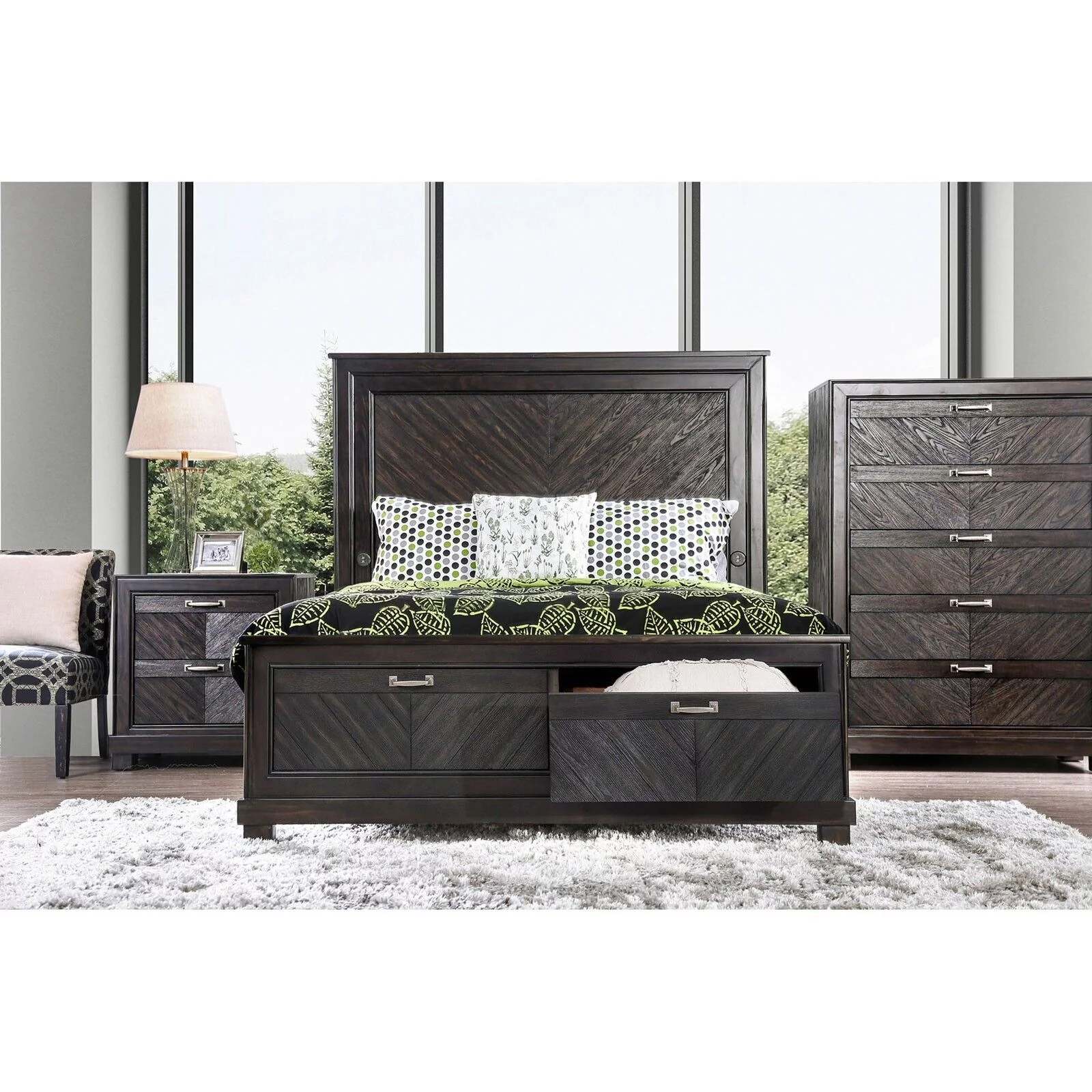 Contemporary Espresso Queen Size Bed 4pc Set Solid wood Dresser Mirror Nightstand Storage Drawers FB Bedroom Furniture