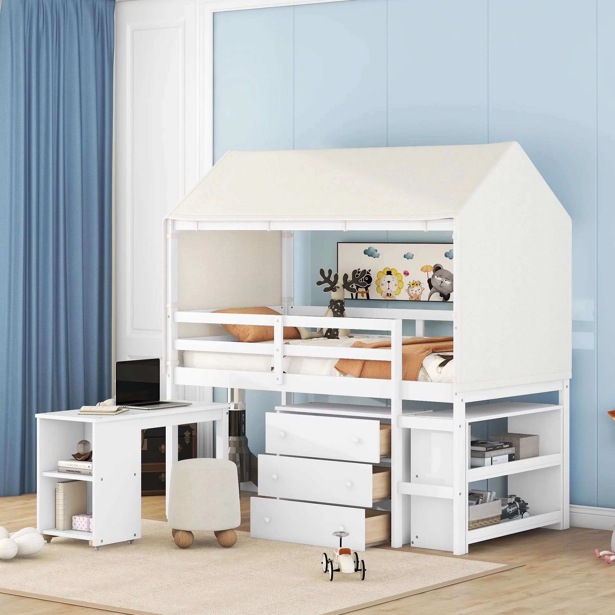 Twin House Bed with Rolling Cabinet, Shelf and Tent, Solid Wood Loft Bed Frame with Safety Guardrail for Teenagers and Adults(White, Twin)
