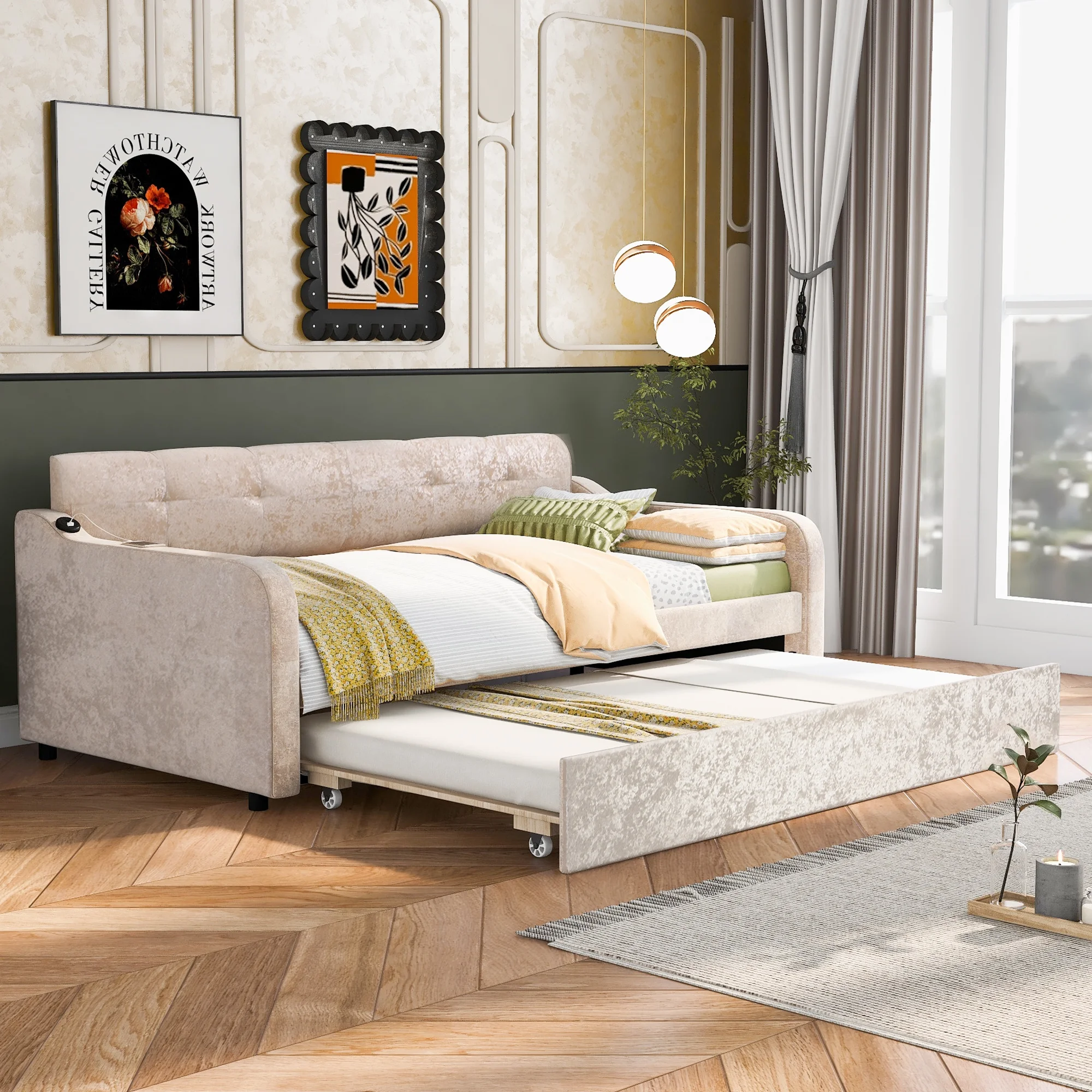 Bellemave Daybed with Pop up Trundle Bed, Twin Size Upholstery Daybed with Adjustable Trundle and USB Charging Stations, Extending Twin to King Sofa Bed for Living Room Bedroom Guest Room(Gray)