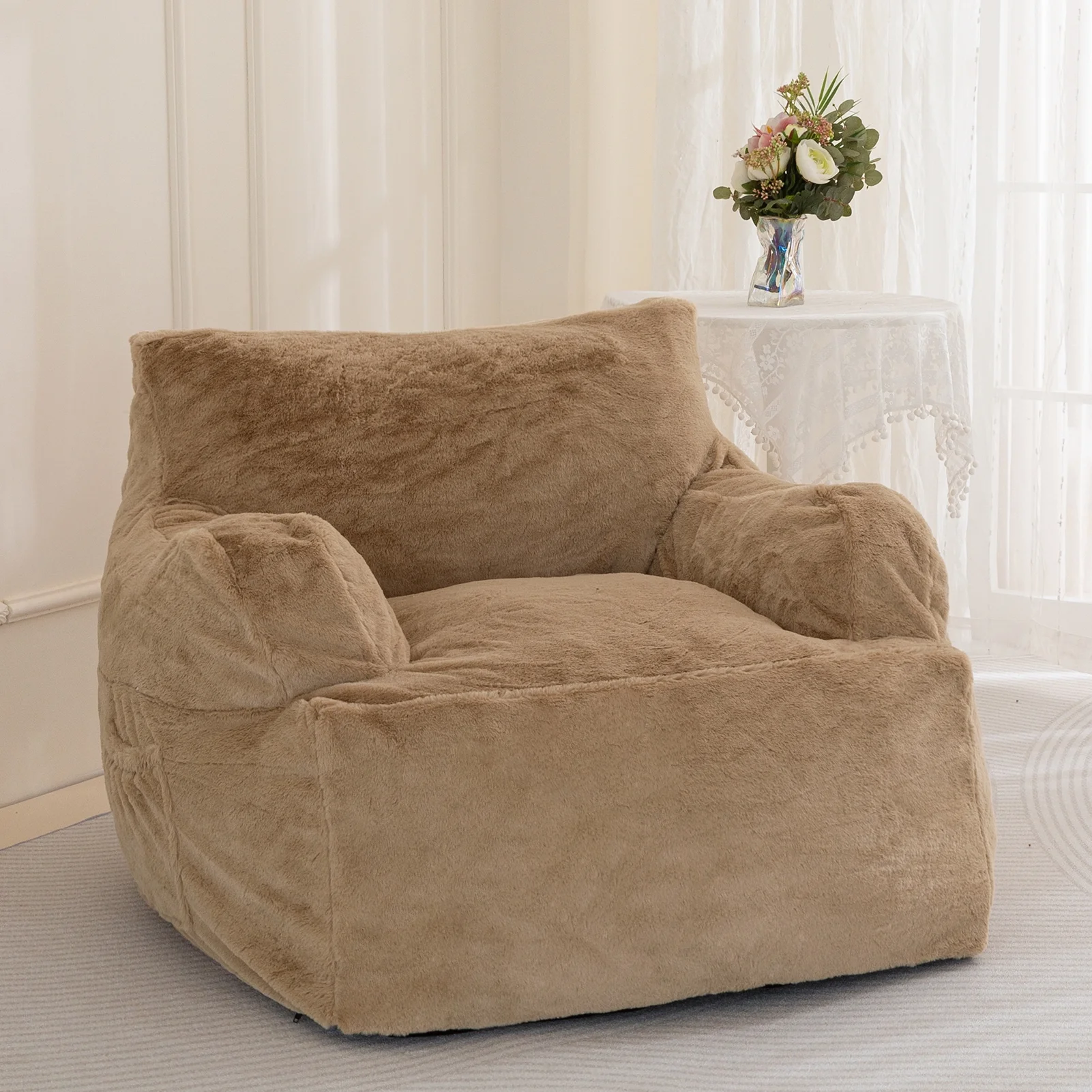 MAXYOYO Giant Bean Bag Chair Sofa, Big Comfy Chair for Adults with Pocket Armrests for Gaming,Reading,FurKhaki