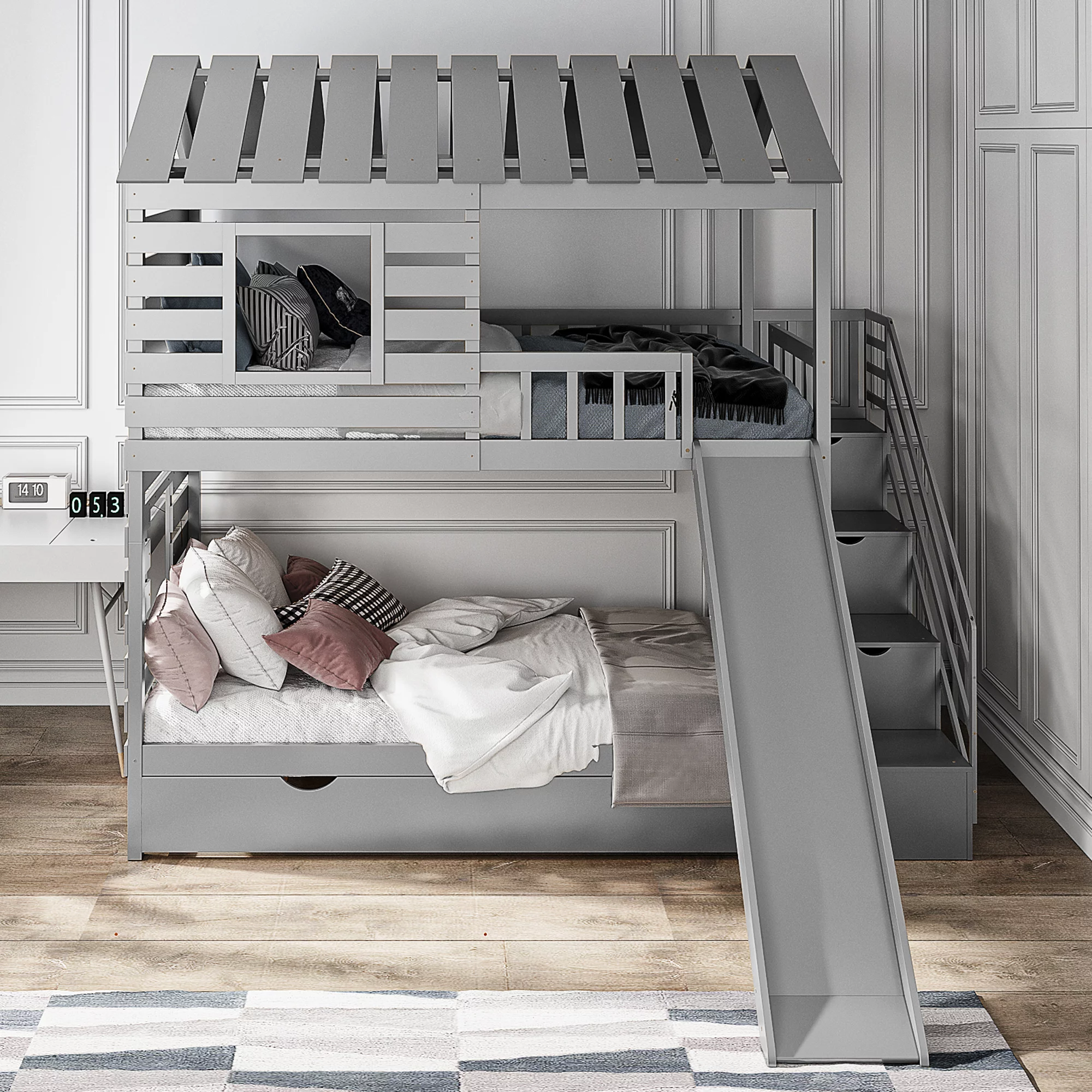 EUROCO Twin over Twin House Bunk Bed with Trundle and Staircase for Bedroom, Gray