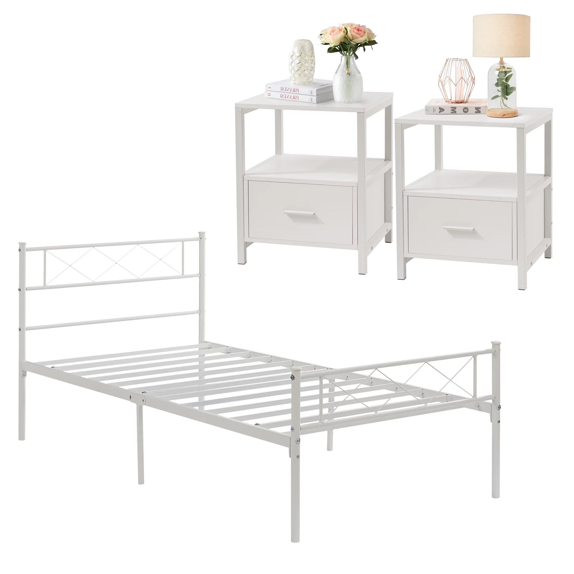 VECELO 3-Piece White Bedroom Sets Include Twin Bed Frame + 2 Nightstands