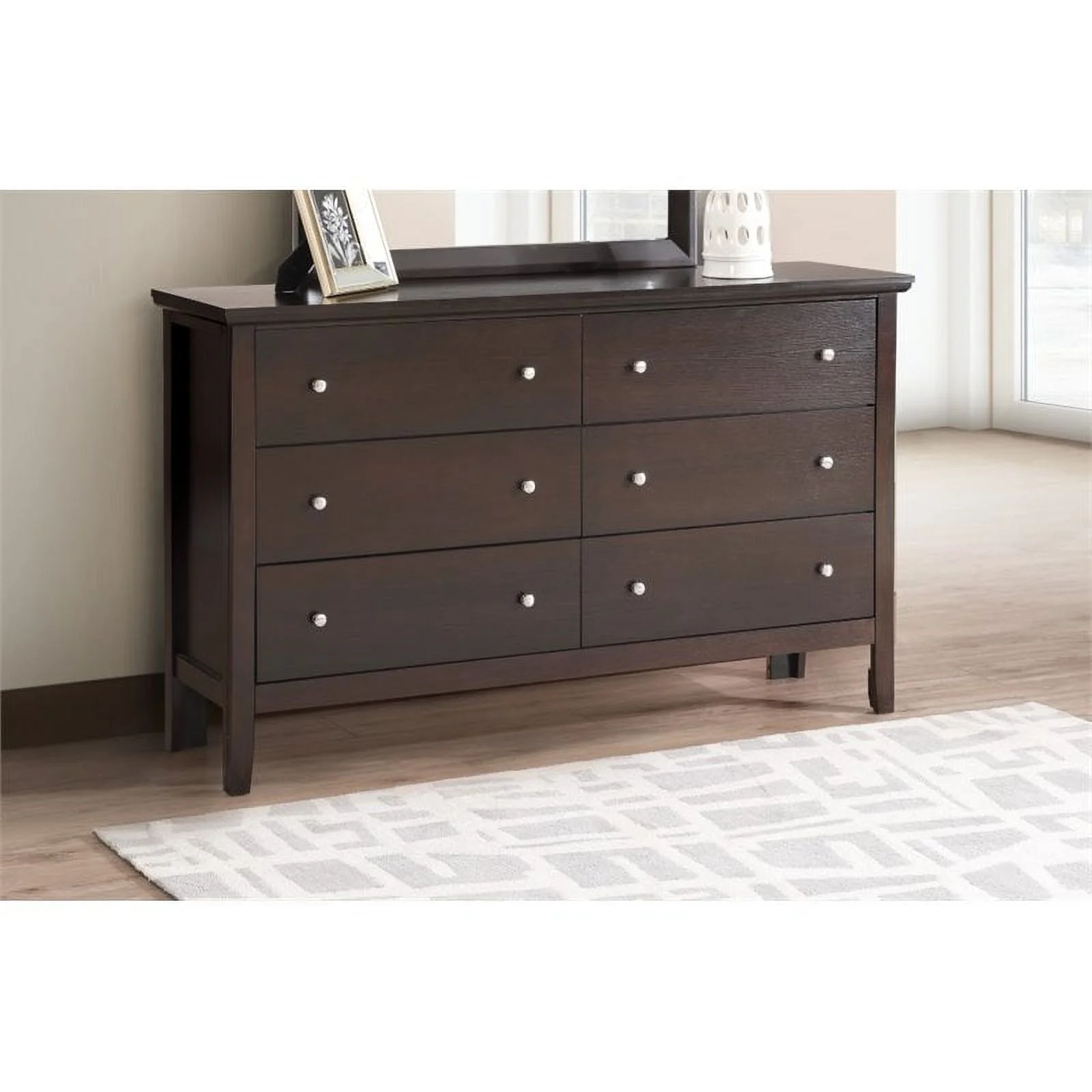 Maklaine Transitional Engineered Wood 6 Drawer Dresser in Espresso