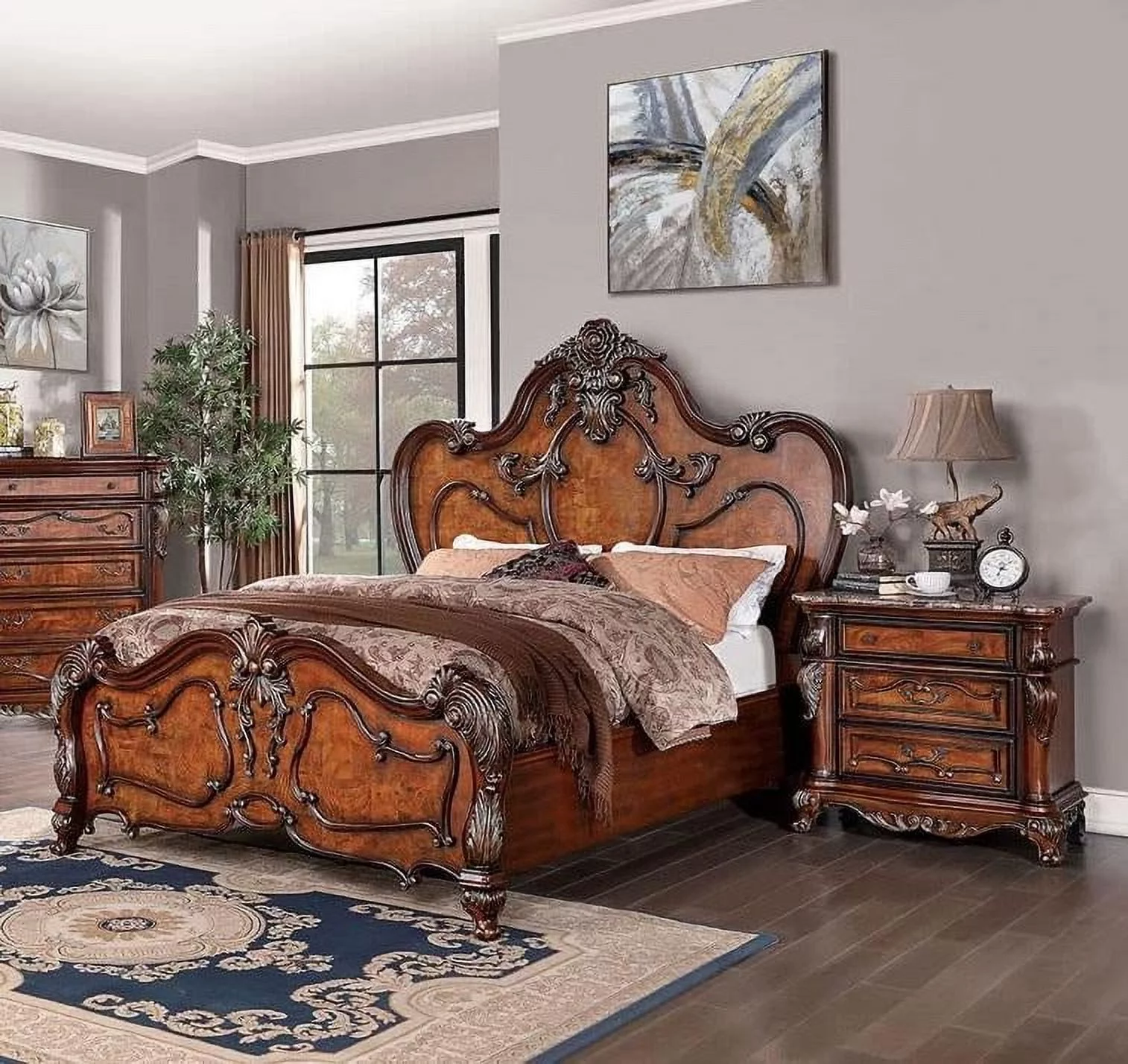 Antique Dark Oak Solid Wood King Bedroom Set 3pcs FOA CM7183 Rosewood