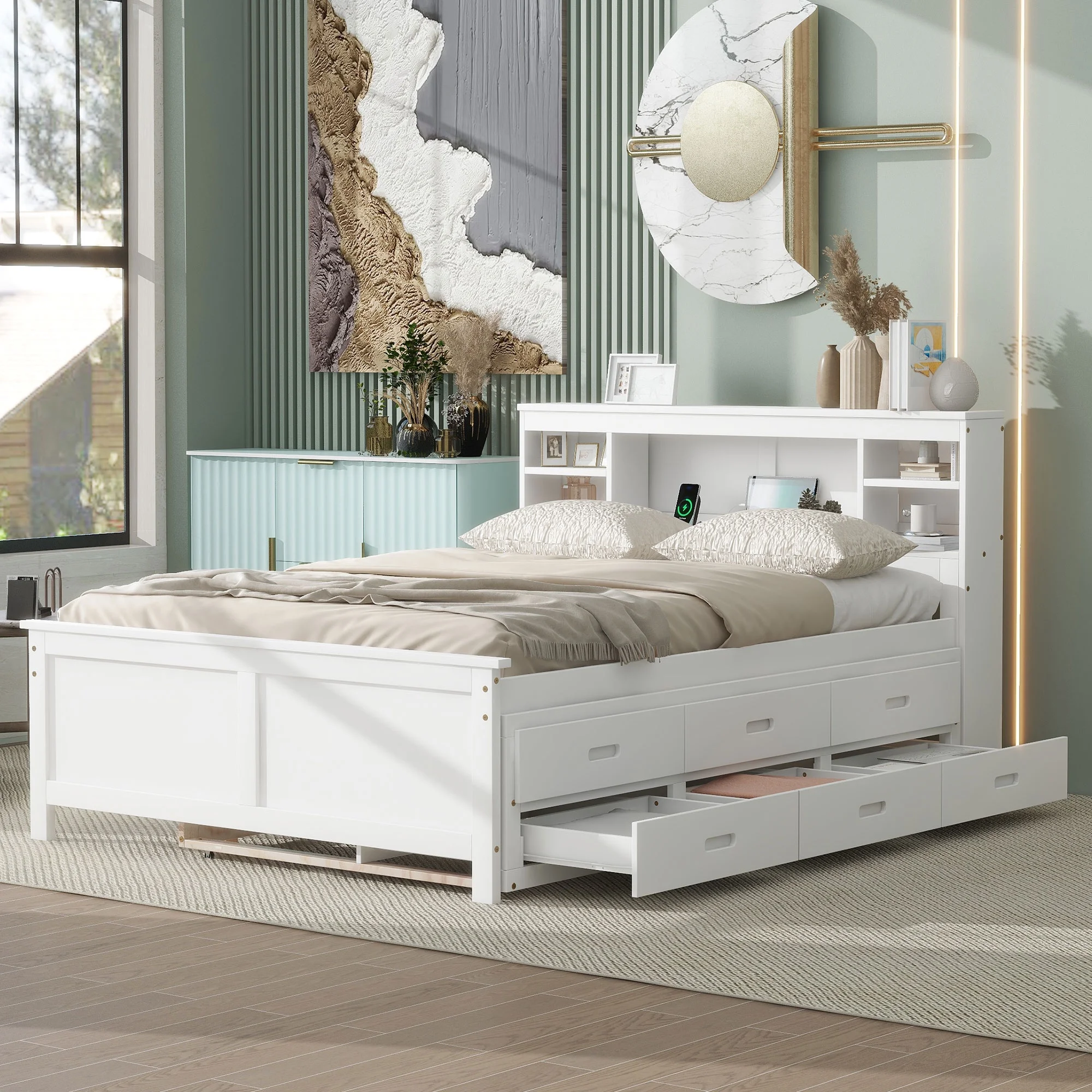 Churanty Full Size Platform Bed with Trundle, Storage Platform Bed with 3 Drawers and Storage Headboard, USB Ports and Plug, Wood Platform Bed with Bookcase,White