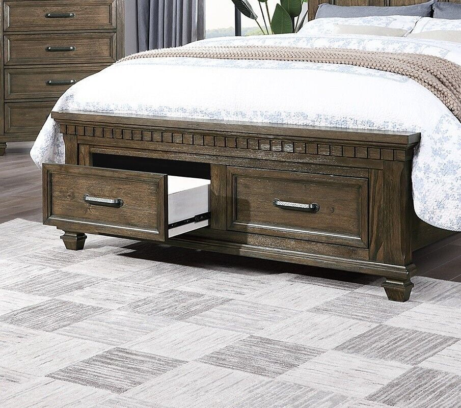 Queen Size Bed And 2x Nightstands 3pc Set Bedroom Furniture Storage Footboard Fabric Upholstery High HB Antique Finish Wooden