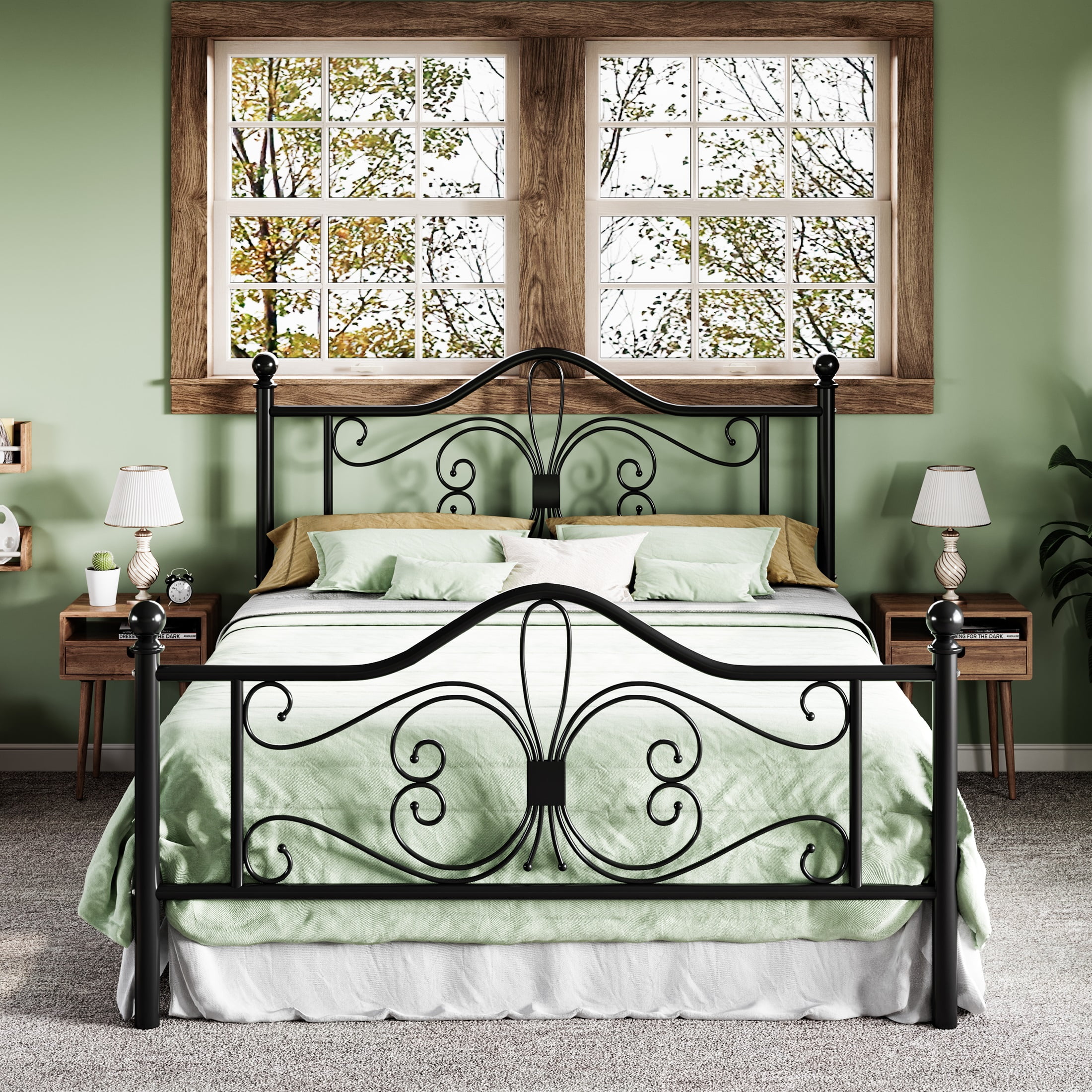 Allewie Queen Size Vintage Metal Bed Frame with Butterfly Pattern Design Headboard & Footboard, Black