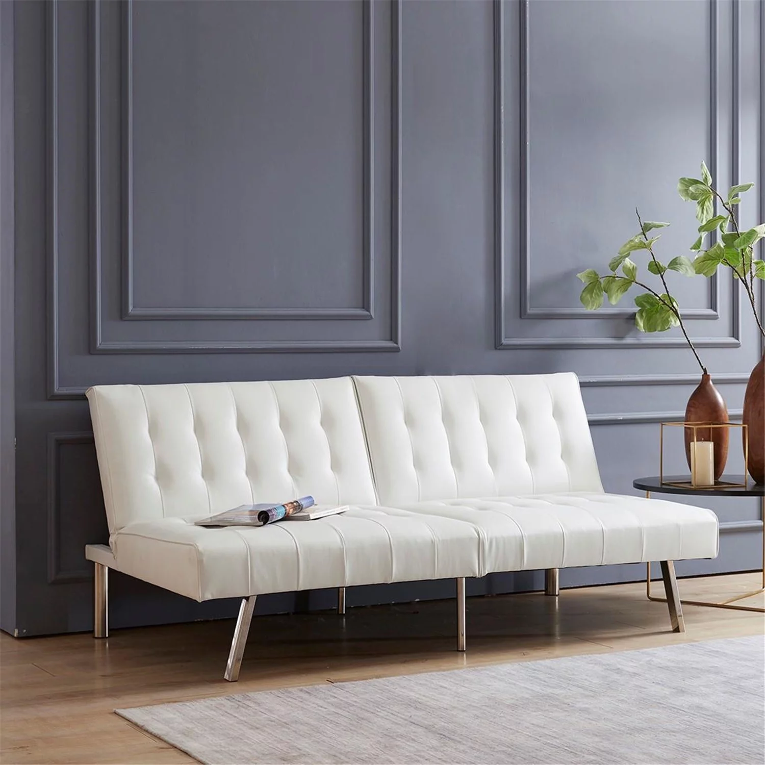 Tufted Split Back Futon Sofa by Naomi Home-Color:White,Style:Linen