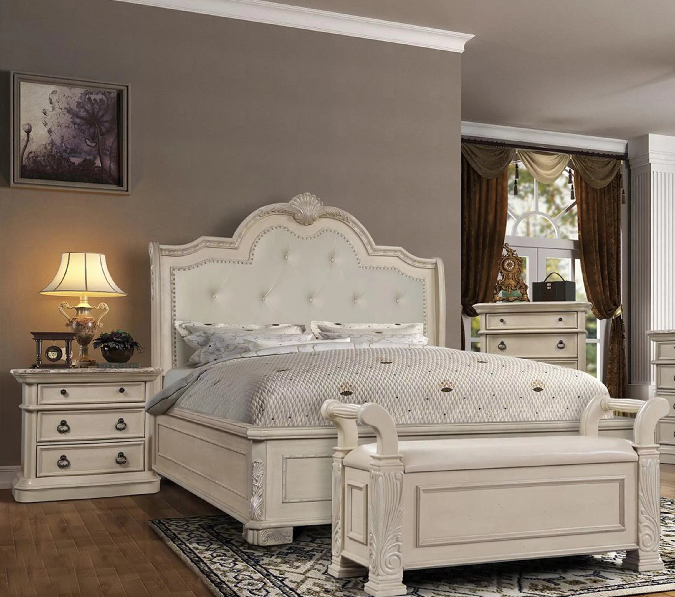 Antique White Solid Hardwood King Bed McFerran B6007 Classic Traditional
