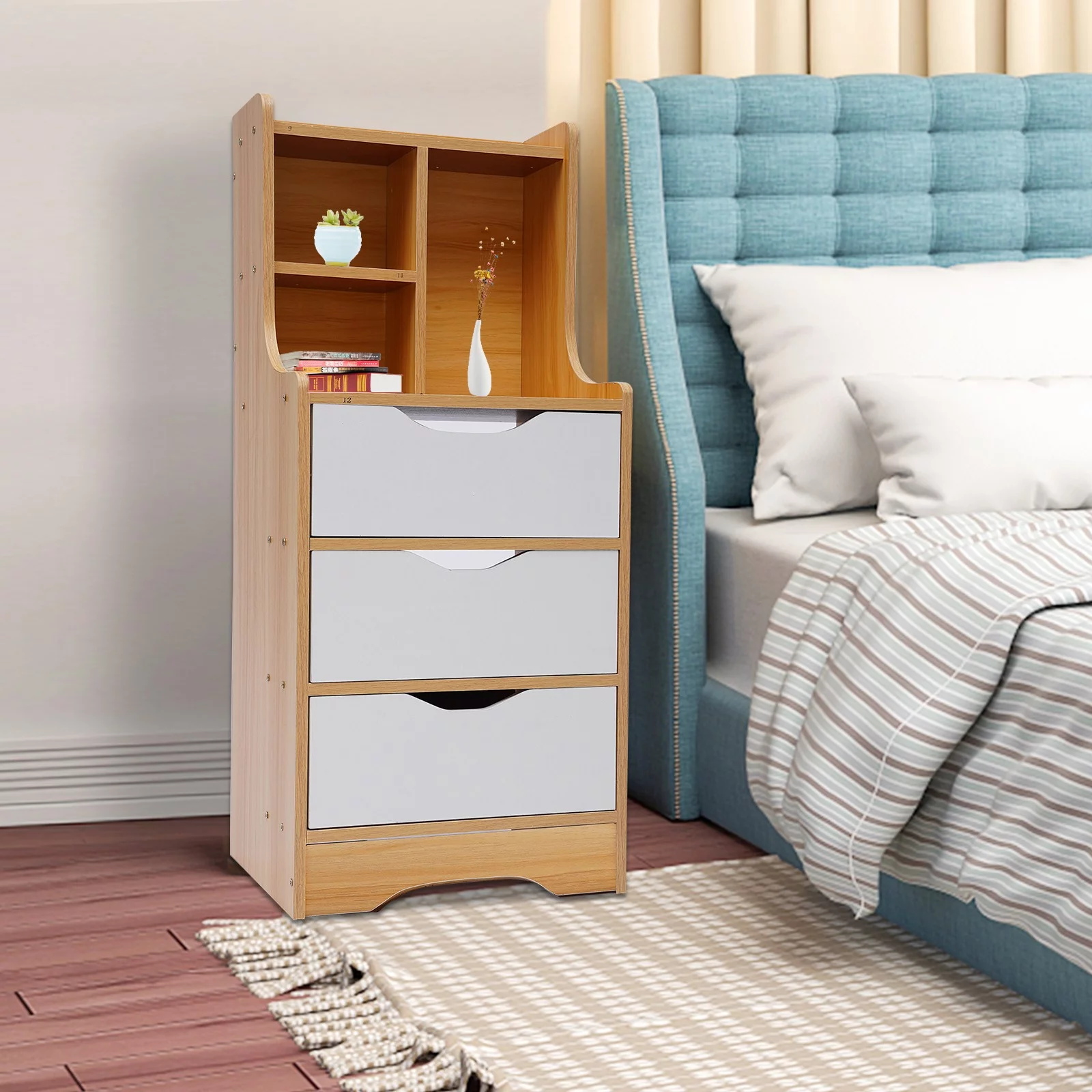 Loyalheartdy Nightstand 3 Drawers Open Storage Cabinet Tall Bedside Table Walnut MDF End Table Rectangular Side Stand