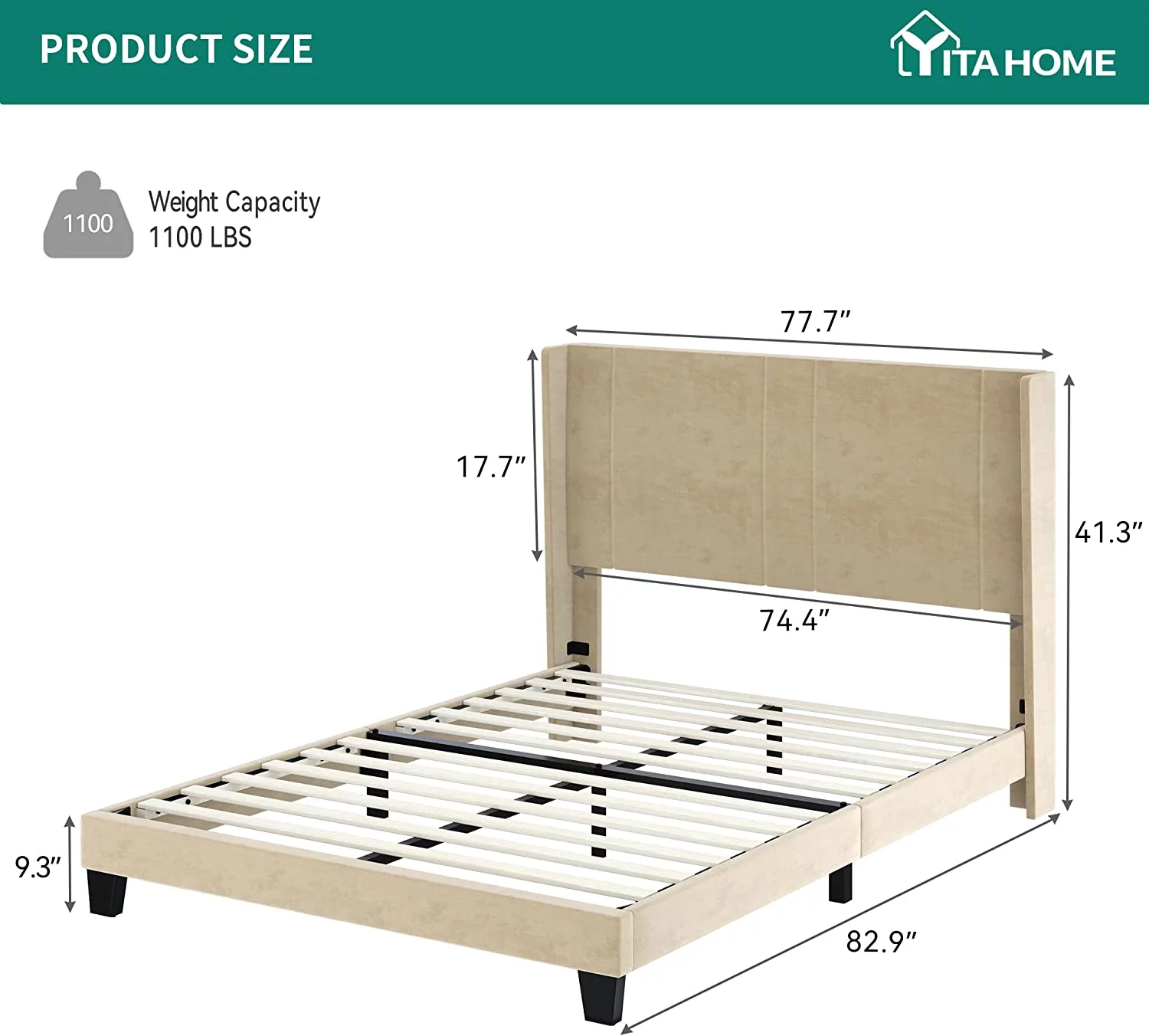 Dextrus Upholstered Bed Frame, Platform Bed Base, King Size Mattress Foundation, Beige