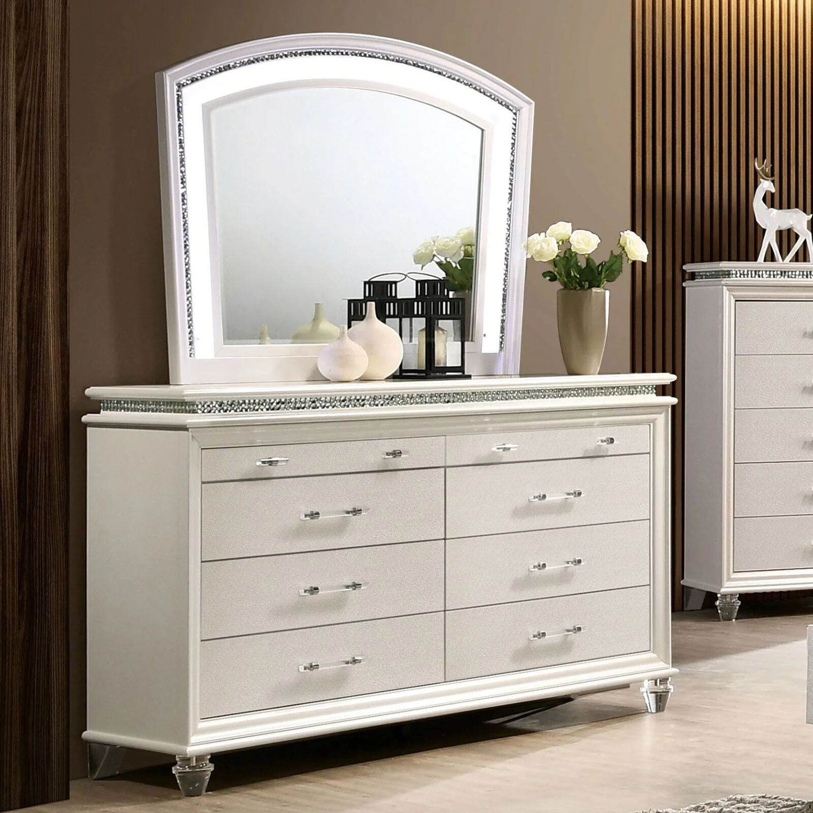 Antique Contemporary Pearl White 4pc Bedroom California King Size Bed Set Dresser Mirror Nightstand Bedroom Furniture Padded HB
