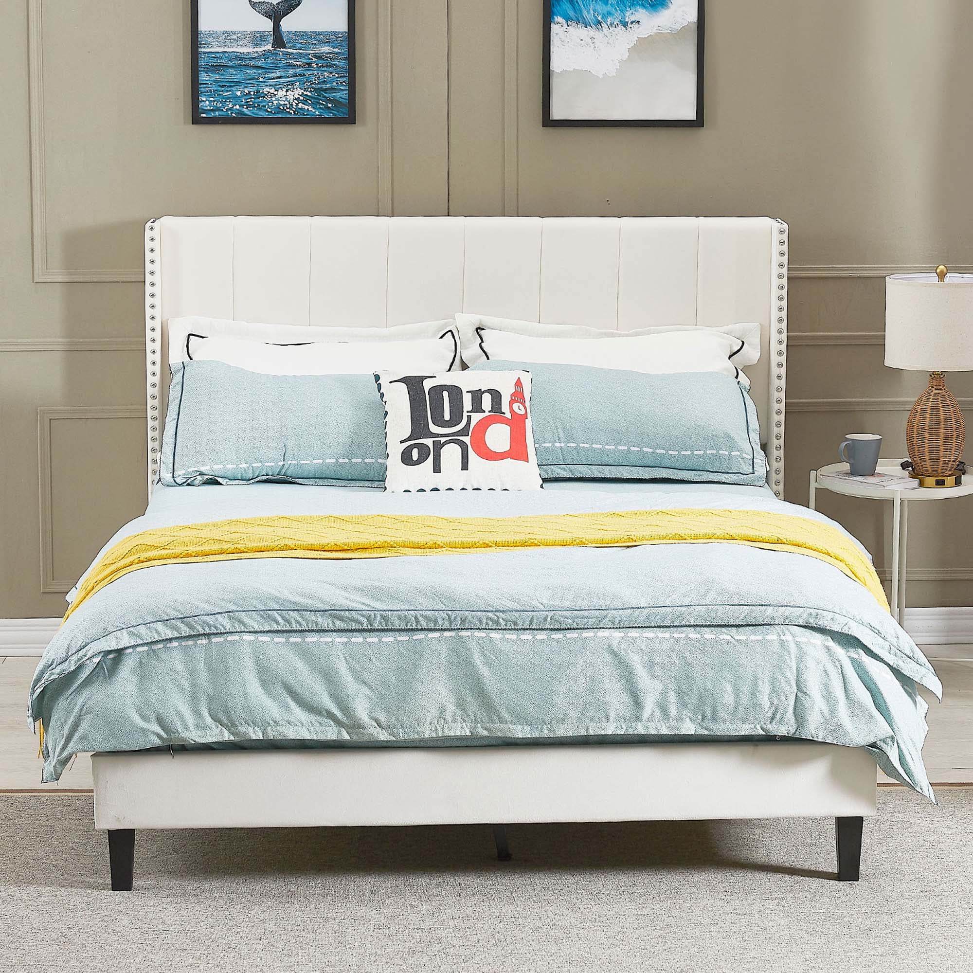 Momspeace Queen Size Bed Velvet Upholstered Bed Frame with Vertical Channel Tufted Headboard, Beige