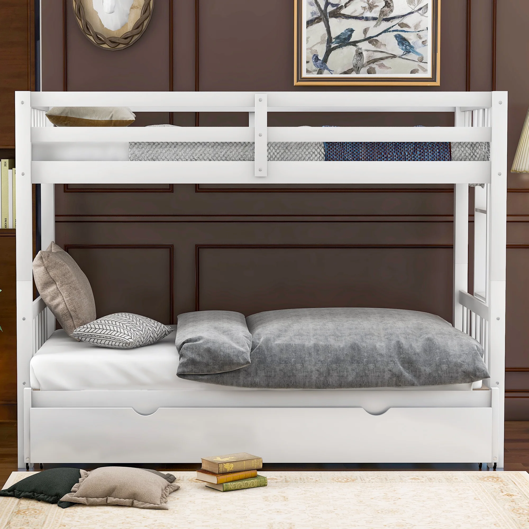 Leadzm Twin over Pull-out Bunk Bed with Trundle, White