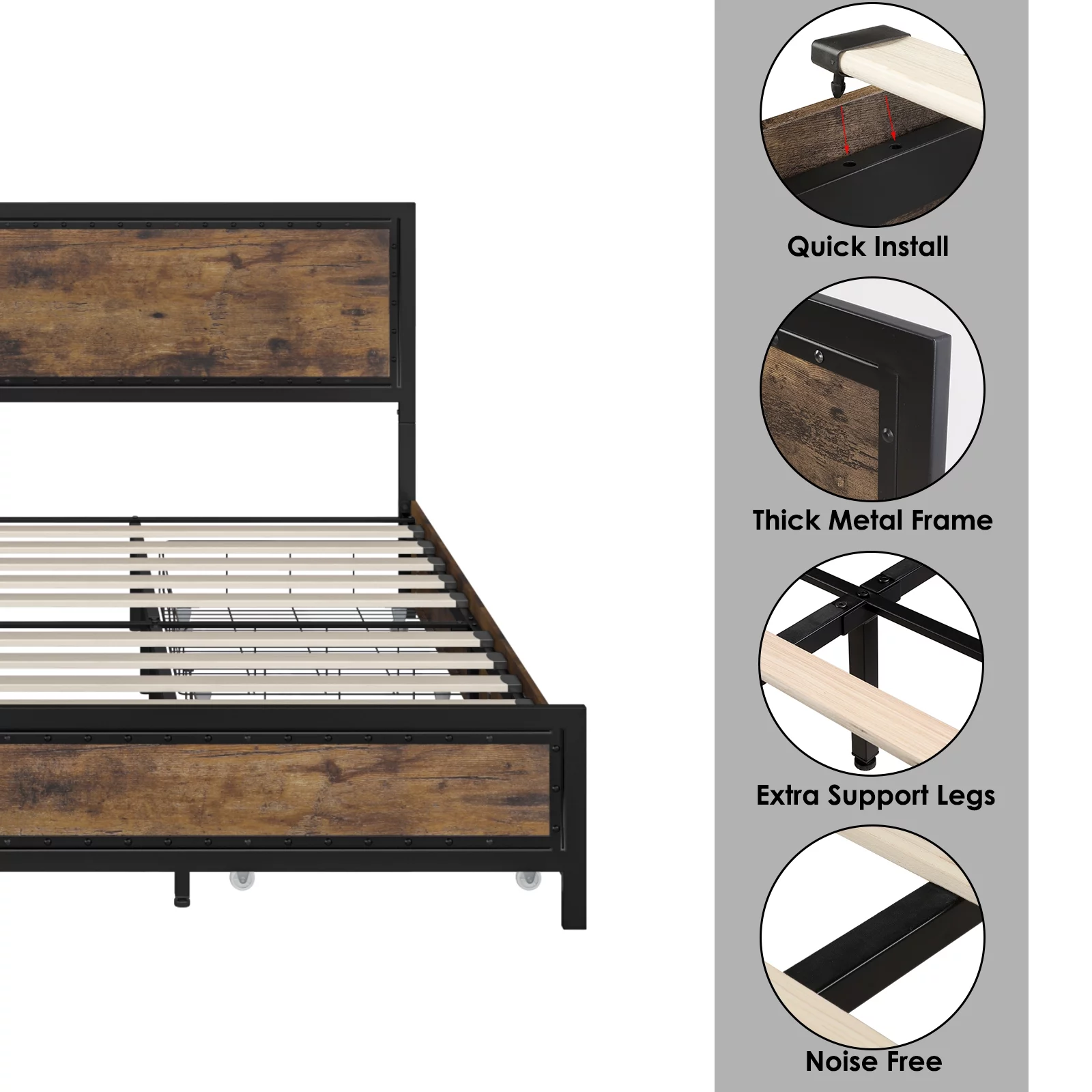 Homfa Queen Size Bed Frame with 4 Storage Drawers Industrial Heavy Duty Metal Platform Bed, Rustic Brown