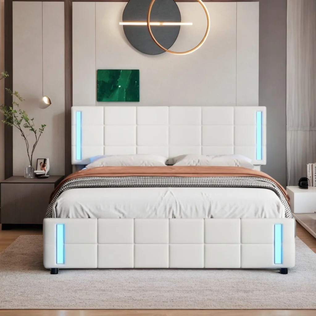 Queen Size LED Upholstered Platform Bed with USB Charging and 4 Drawers - Modern Stylish Design for a Comfortable Bedroom (White)