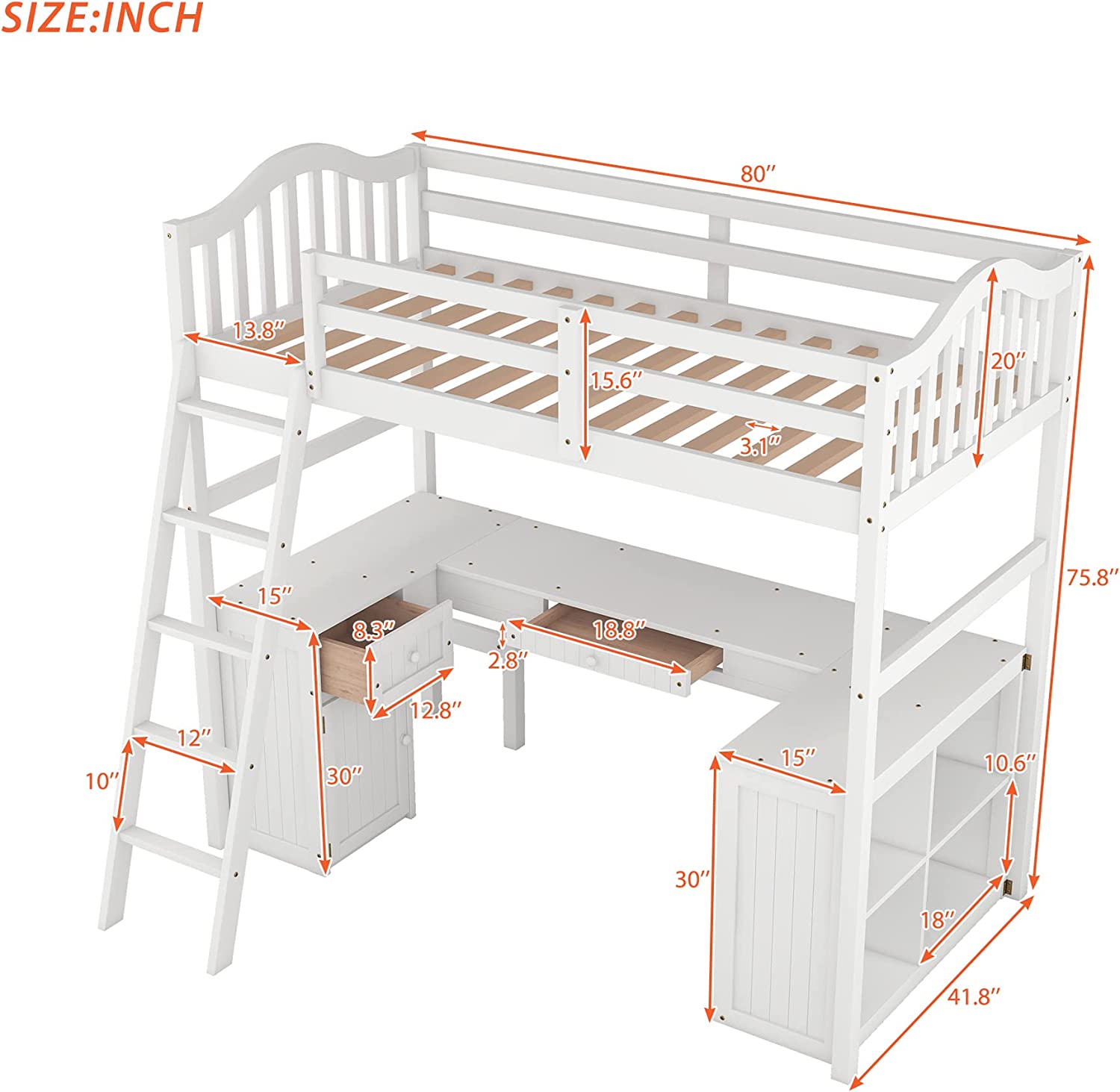 Size Loft Bed With Desk, Wood Loft Bed With Storage Drawers, Cabinets And Shelves, Solid Wood Loft Bed For Kids Teens Adults, White