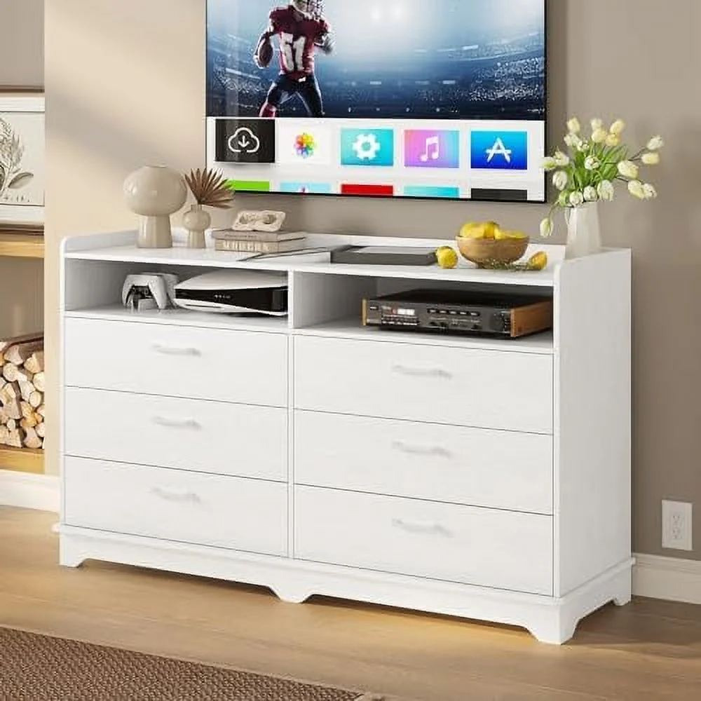 6 Drawers Dresser for Bedroom Chests of Drawers White Double Dresser with Drawers and Cubby 14.6" D x 46.1" W x 33.6" H