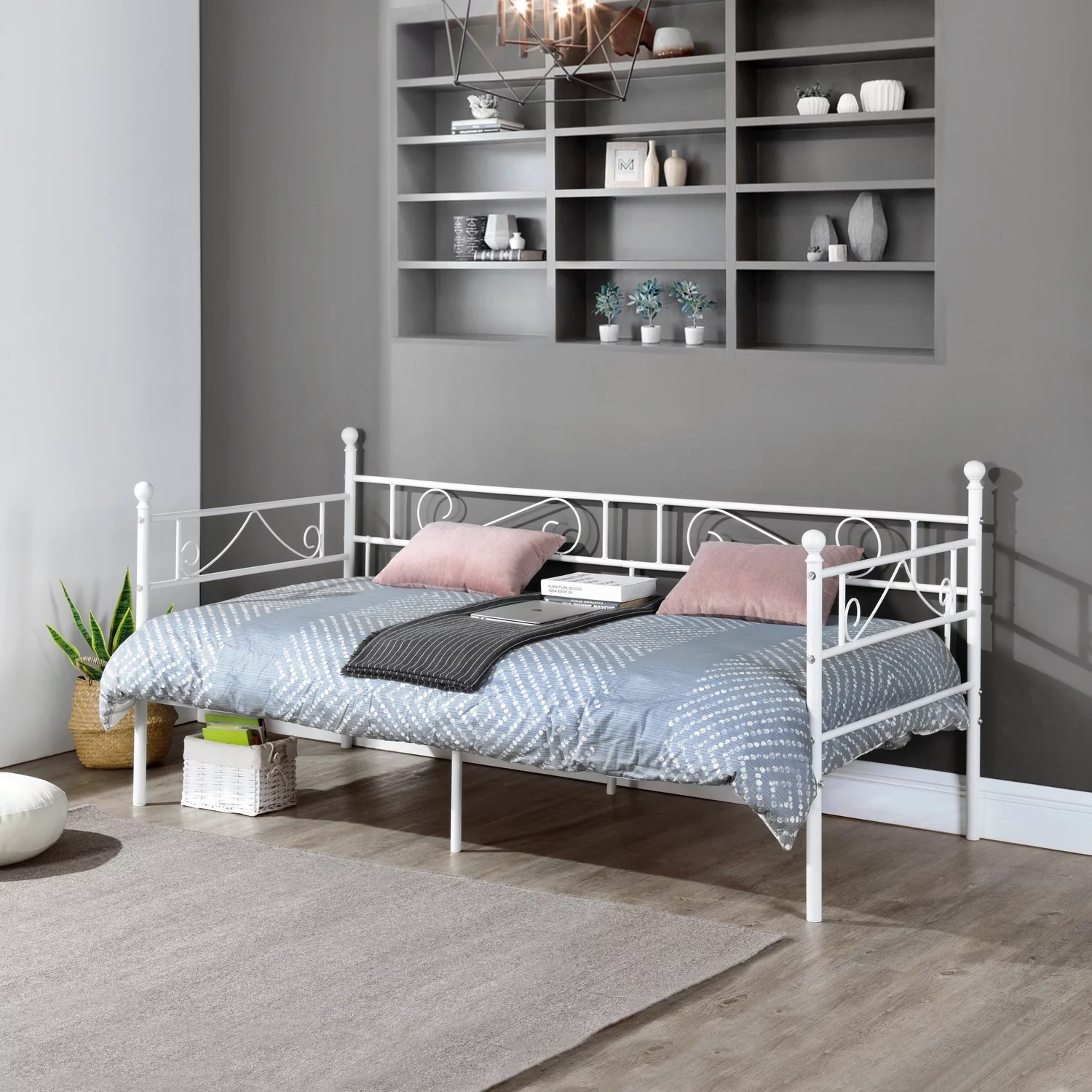 Stylish Metal Daybed Frame, Sofa Bed Frame with Steel Slats Support, No Box Spring Required, Multifunctional Platform Bed Frame for Bedroom/Living Room - White