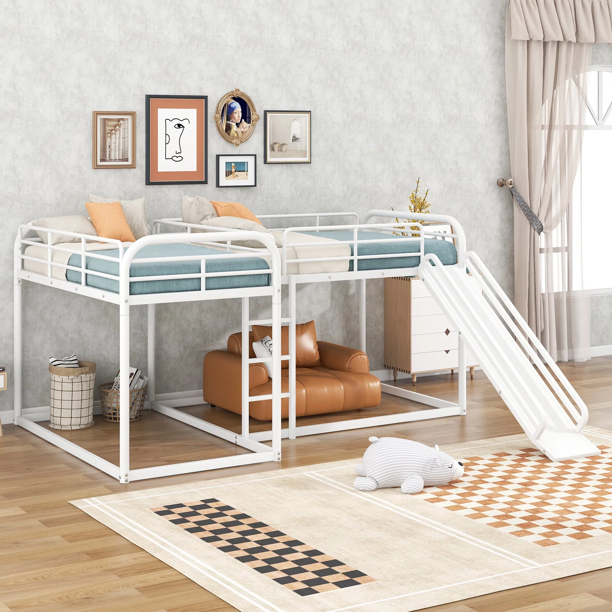 Churanty L-Shaped Bunk Bed for 4 Kids,Full and Twin Size Bunk Bedframe with Slide and Short Ladder for Teens Bedroom,White