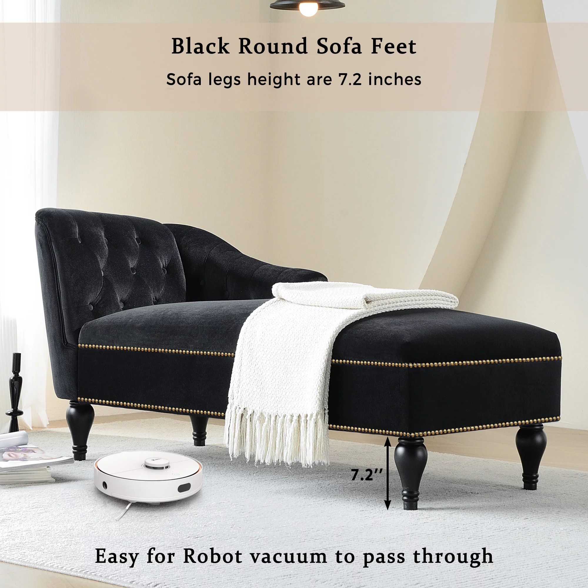 Velvet Chaise Lounge Button Tufted with Arm Lounge Chair with Nailhead Trim & Solid Wood Legs for Living Room or Office