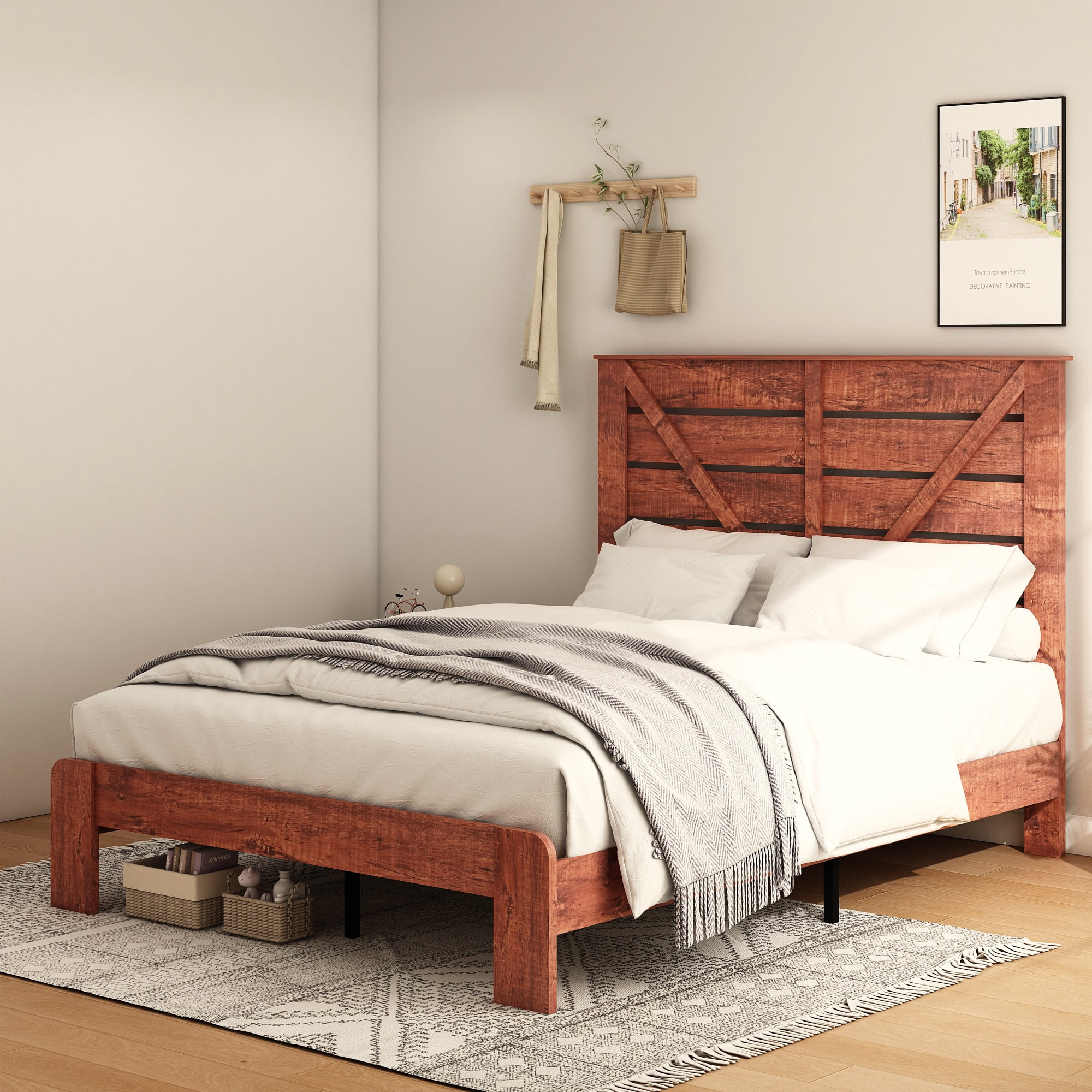 CoSoTower Queen Bed Frame Headboard , Wood Platform Bed Frame , Noise Free,No Box Spring Needed and Easy Assembly Tool,Large Under Bed Storage, Vintage Brown