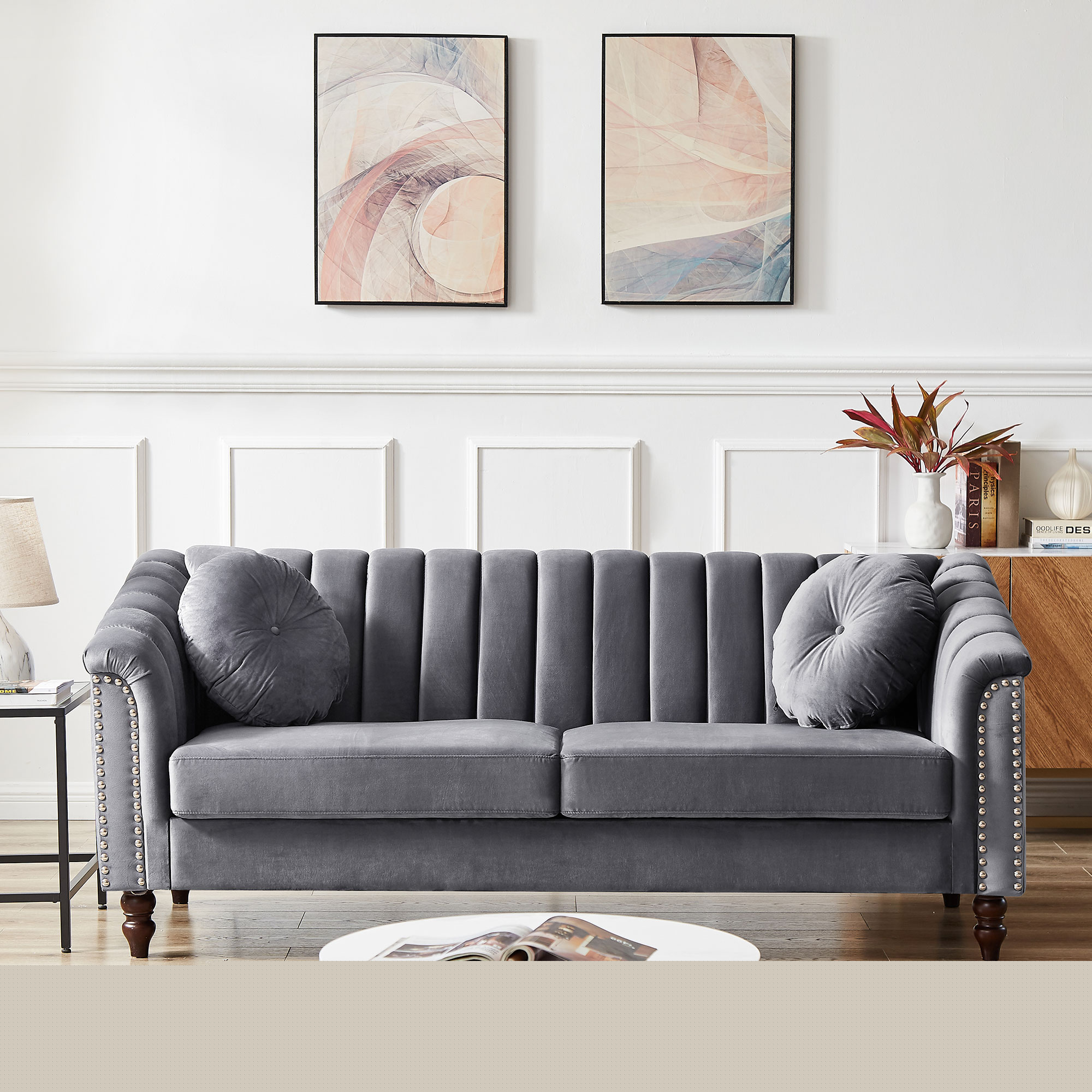 Holaki Modern Velvet Upholstered Sofa Couch, 3 Seat Tufted Back with Nail Arms with 2 pillows, Solid wood Legs, Sleeper Sofa for Living Room, Compact Living Space, Apartment, Bonus Room