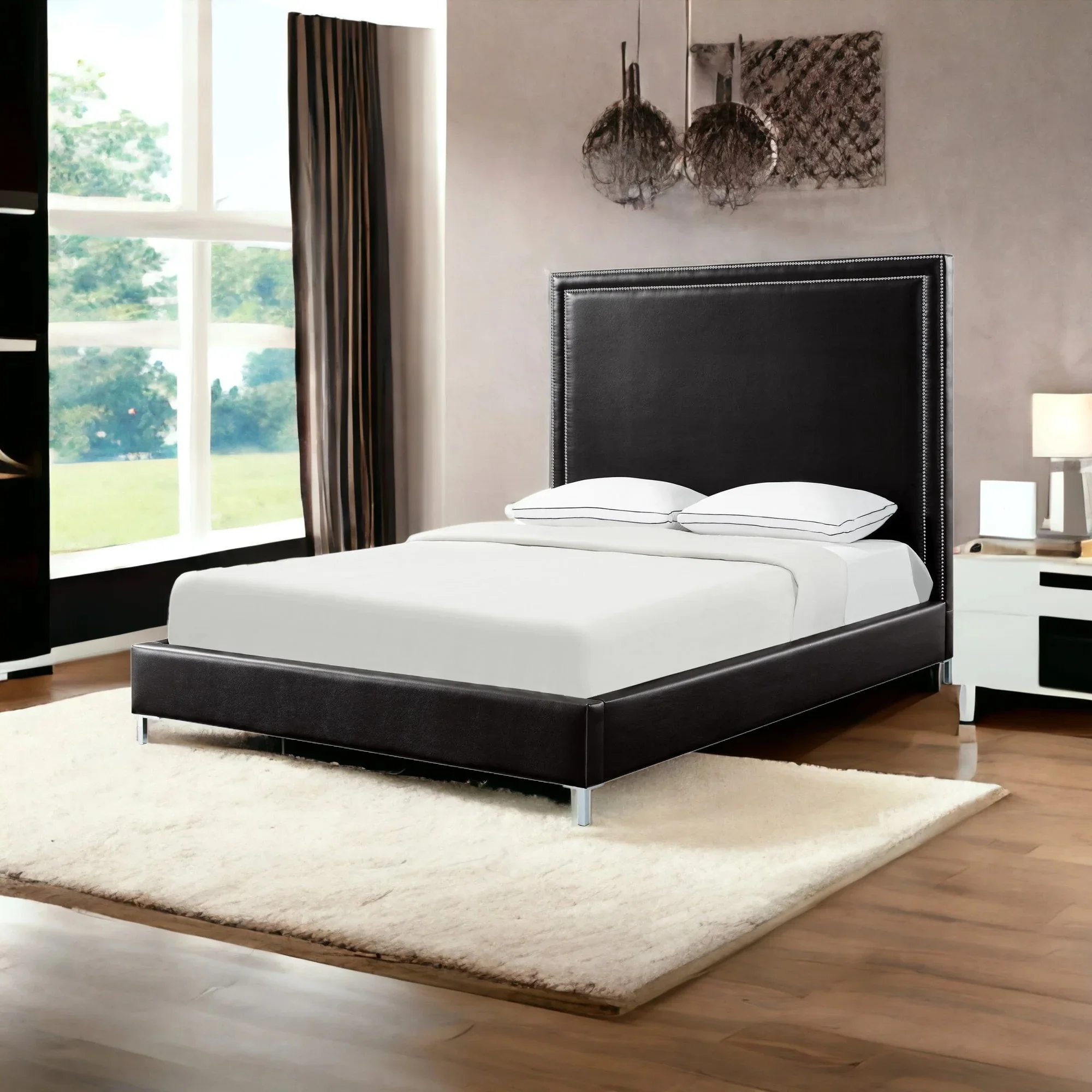 Navy Blue Solid Wood Twin Upholstered Velvet Bed with Nailhead Trim