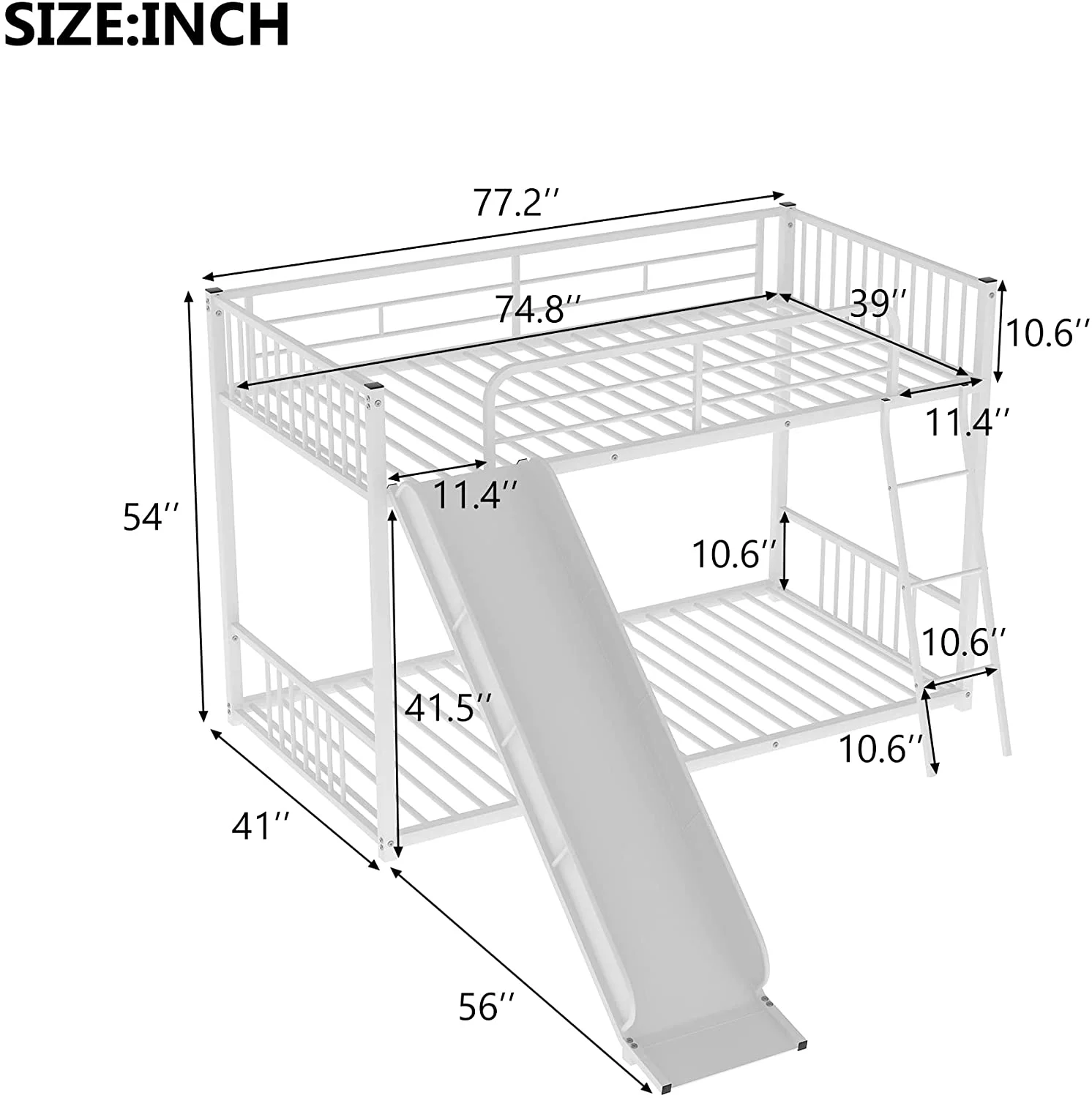 Metal Buk Bed With Slide, Over Buk Bed Metal Frame With Stairs, Safety Guard Rails For Kids Tees Adults, Easy To Assemble, o Box Sprig Required (White)