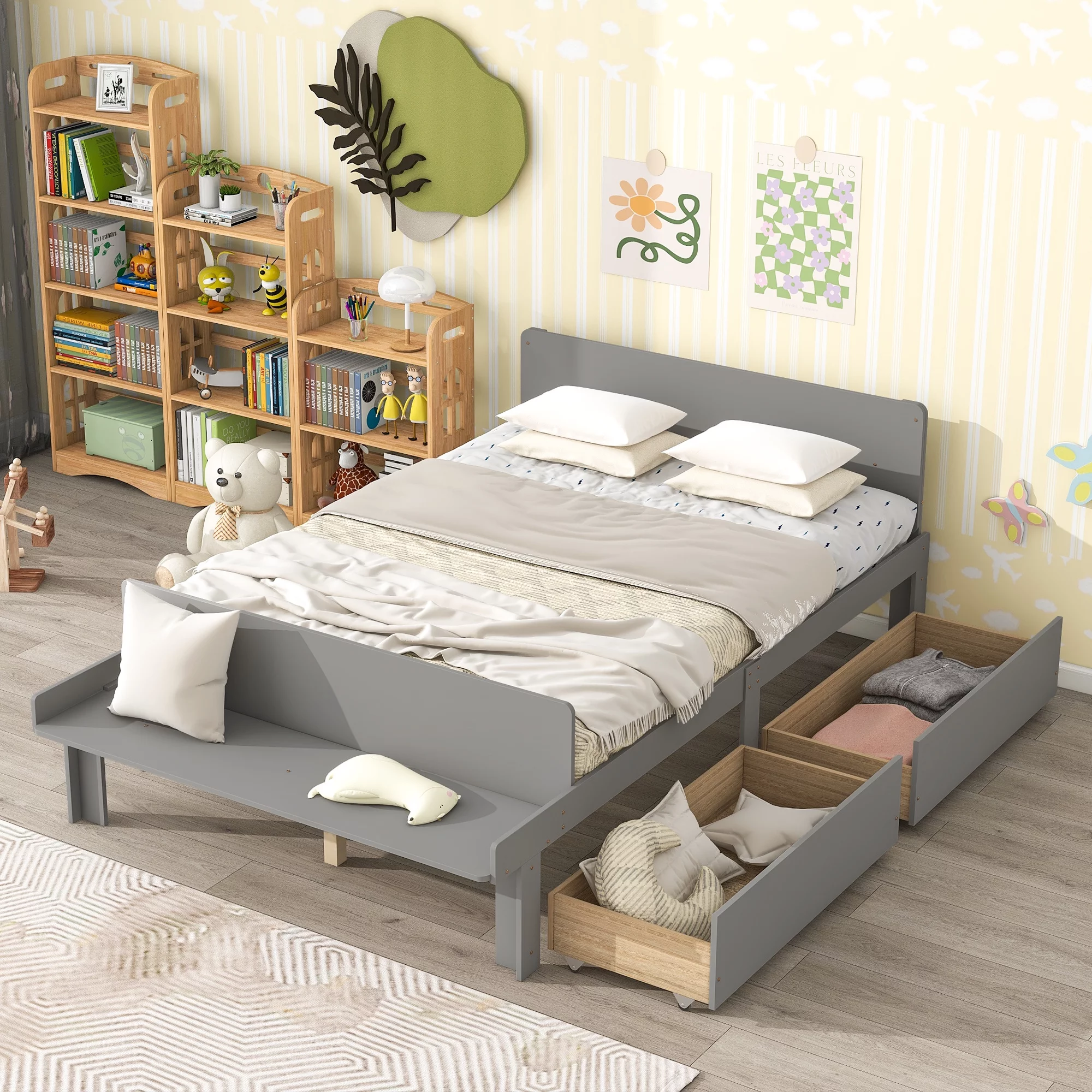 Momspeace Full Bed Frame with Footboard Bench, 2 drawers, Wood Full Size Platform Bed for Kids, Gray