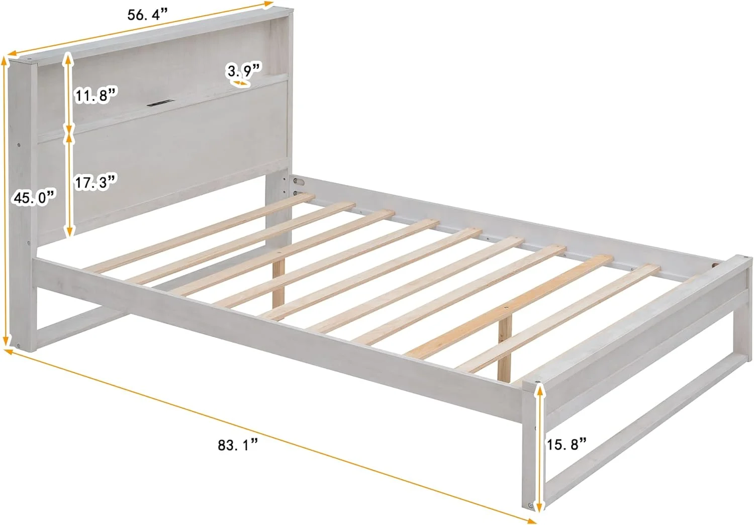 Platform Bed Frame, Full Size Solid Wood Platform Bed With Storage Headboard, Sockets Ad USB Ports, o Box Sprig eed, Easy Assembly, Atique White