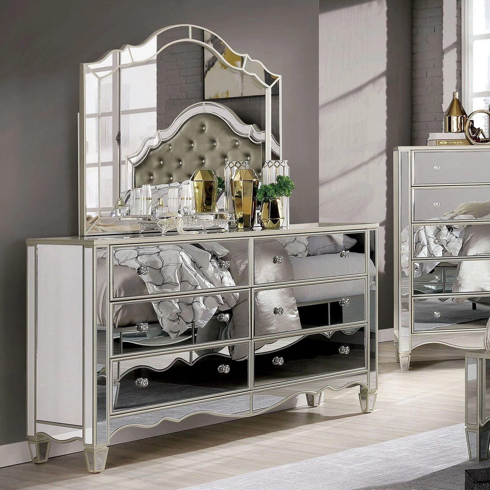 Silver Mirror Panel 6pc Bedroom Set Gorgeous Traditional Queen Size Bed Dresser 2xNightstand Chest Button Tufted Leatherette HB