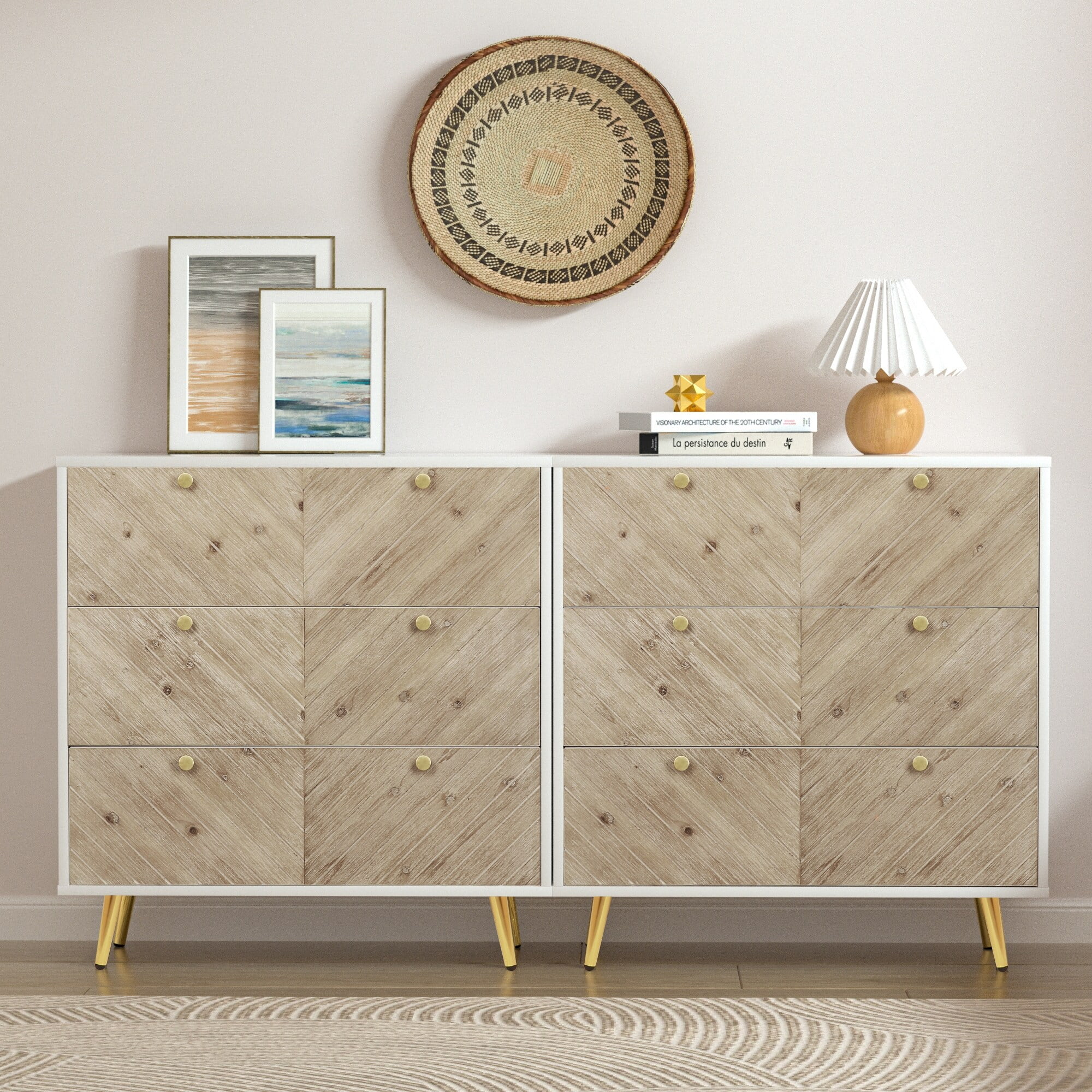 Anmytek Modern 3-Drawer Dresser Herringbone Bedroom Dresser Chest of Drawer with Gold Legs