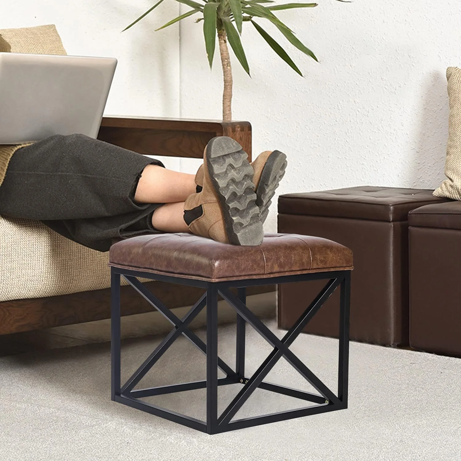 Upholstered Button Tufted Coffee Table With PU Leather Padded Seat, Square Ottoman Footstool With Metal Base Leg, End Of Bed Bench Footrest For Living Room Bedroom Entryway (Square, Brown)