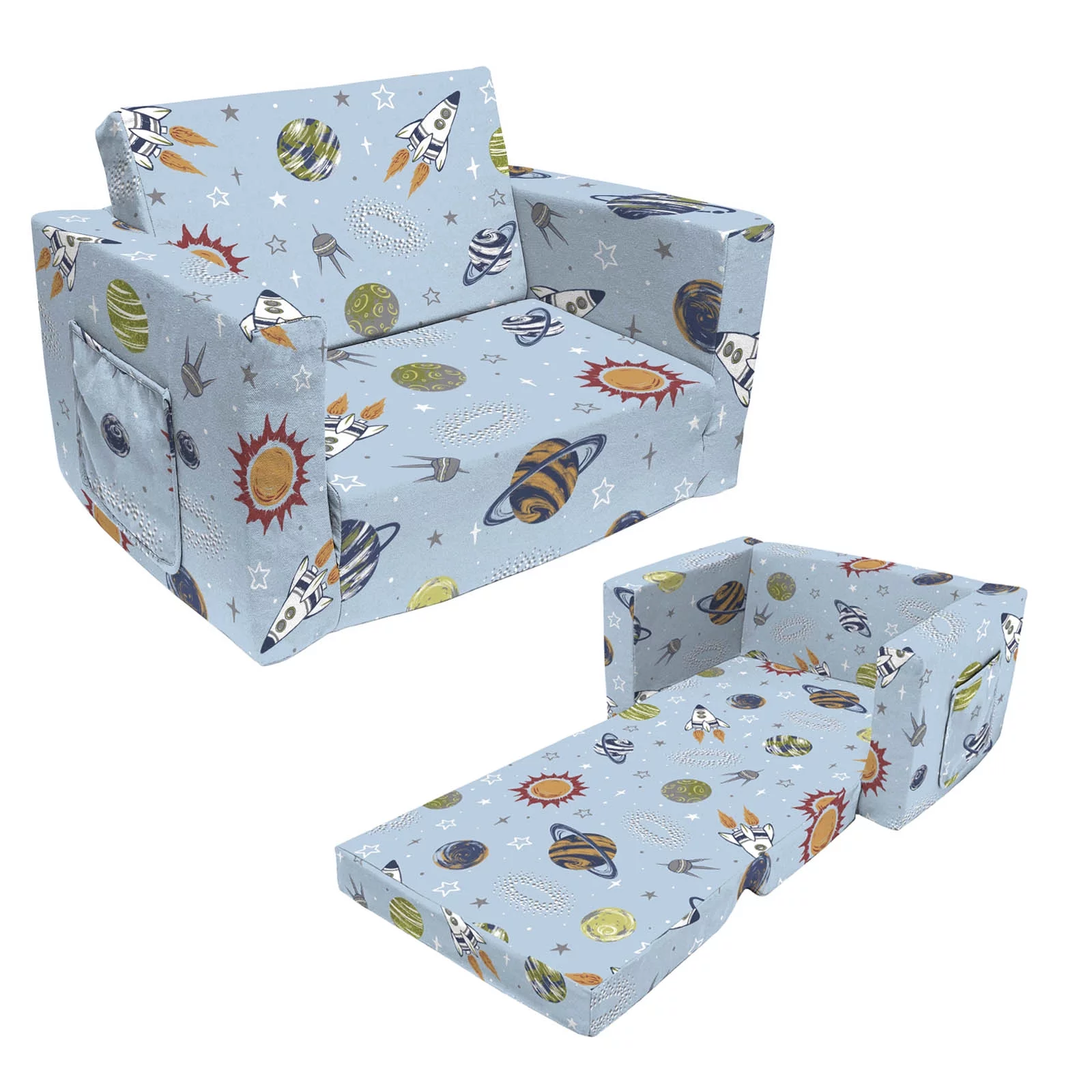 fond + found Kids Sofa Couch,Toddler Children 2-in-1 Convertible Sofa to Lounger, Comfy Flip-Out Couch/Sleeper, Rocket Outer Space Toddler Couch Chair, Sofa Bed for Boys Girls