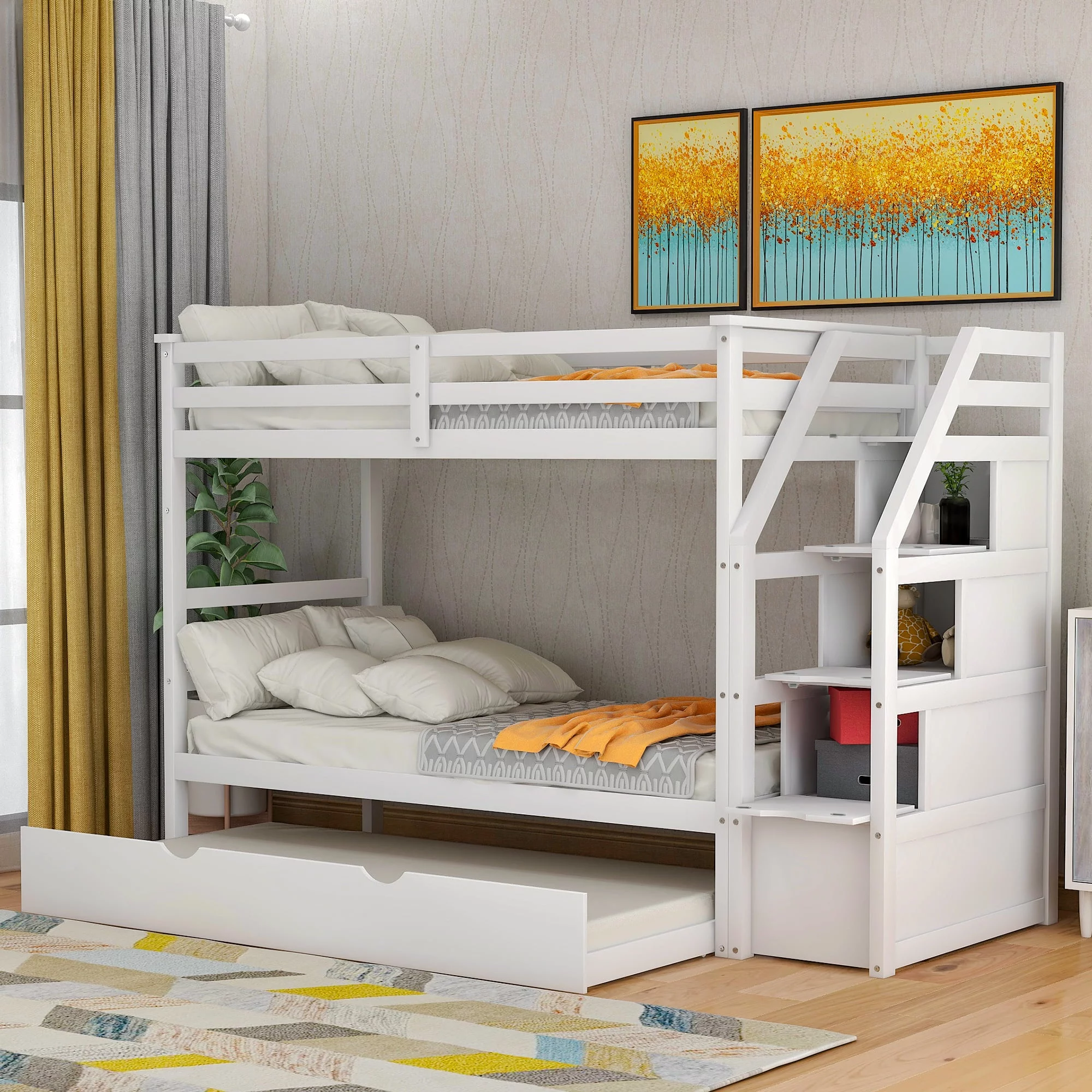 Nestfair White Twin over Twin Bunk Bed with Twin Size Trundle
