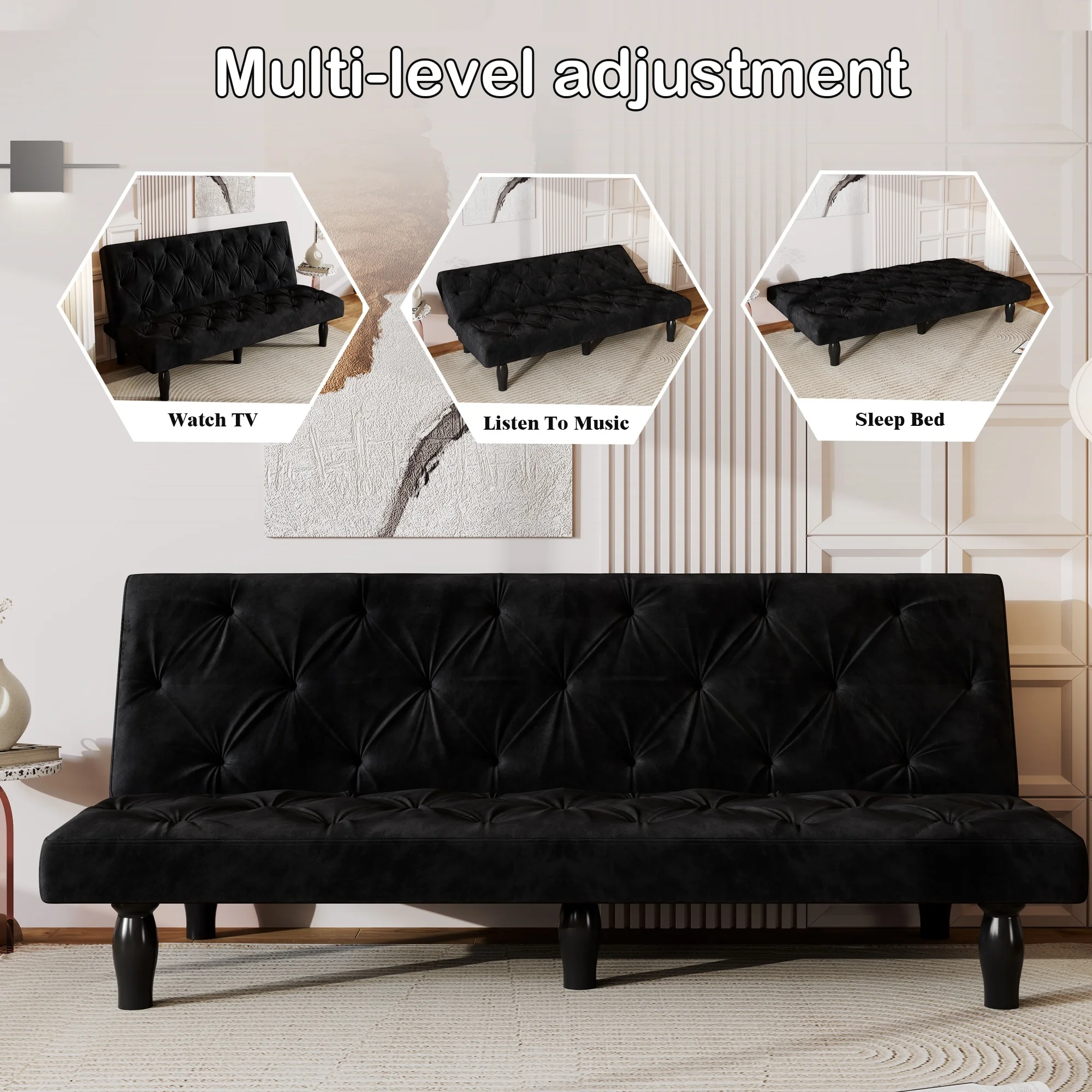 Fireworks Texture Sleeper Loveseat Convertible Sofa Armless Matt Black Settee Bed 2-in-1 Bench Recliner Sofa for Living Room