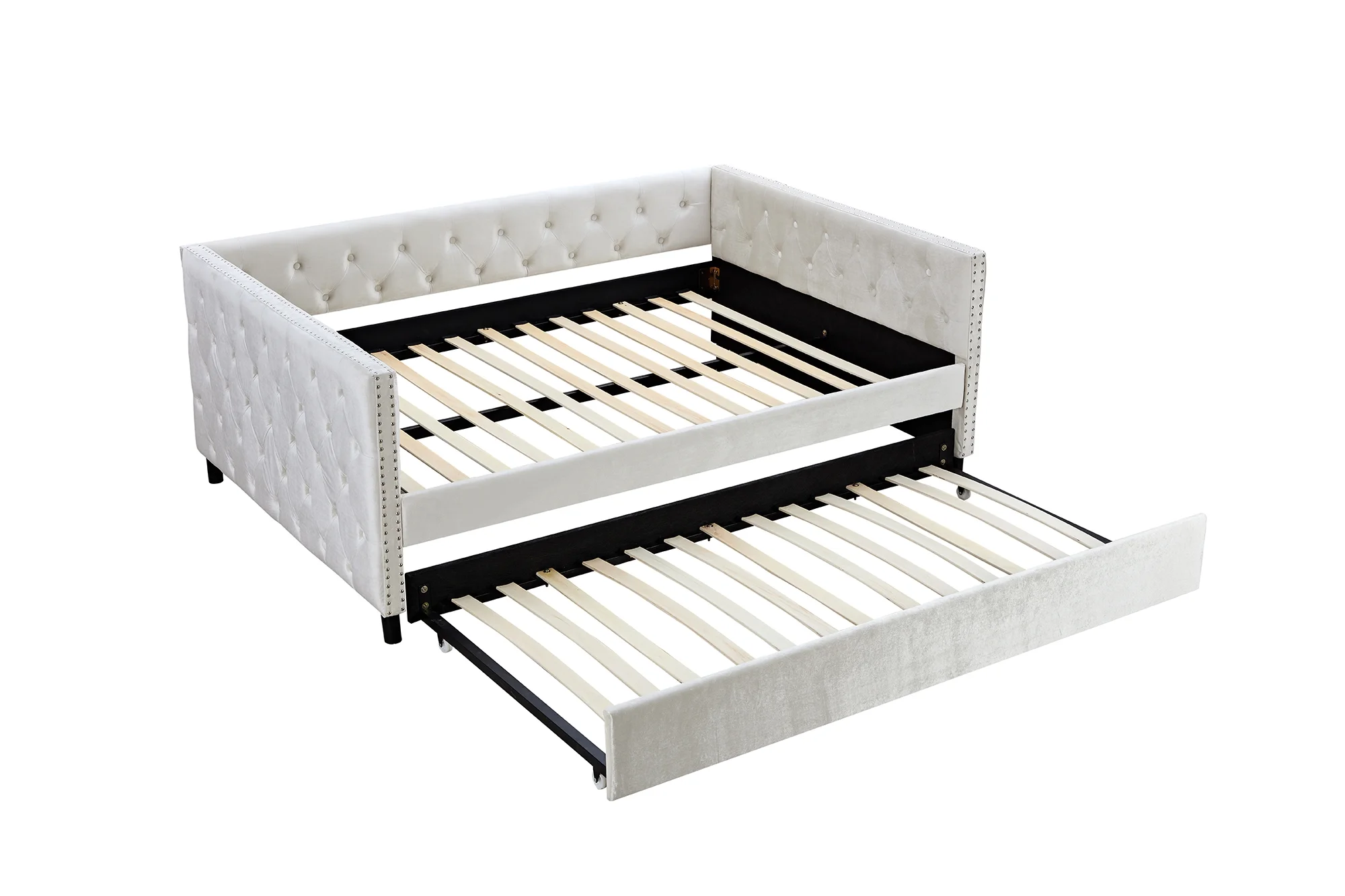 Royard Oaktree Daybed with Trundle Upgraded Velvet Upholstered Full Size Day Bed Button-Tufted Sofa Daybed Frame with Trundle, No Box Spring Needed, Furniture for Bedroom Living Room Guest Room, Beige